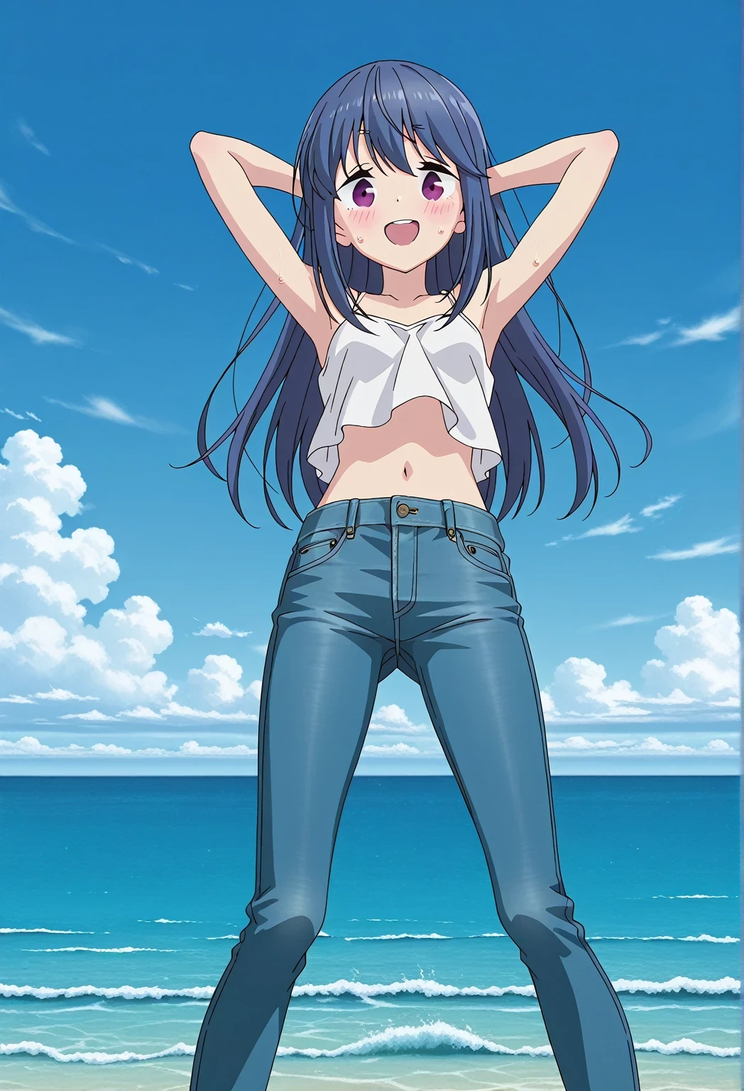 score_9, score_8_up, score_7_up, source_anime, highres, hi res, ((best quality, top quality, perfect quality, Highest Quality, amazing quality)), {{masterpiece}}, {{an extremely delicate and beautiful}}, 2d, intricate details, official style, anime, 8k, anime style, official_anime, official art, digital painting, cell shading, soft shading, high resolution, soothing tones, Subdued Color, Soft cinematic light, adobe lightroom, photolab, HDR, intricately and hyper-detailed, ((high quality animation)), 1 girl, Alone, solo, ((ocean)), tsunami, on the water, day, sunny, outdoors, sky, windy, rin shima, Yurucamp, blue hair, purple eyes, long hair, sidelocks, anime screencap, small breasts, white camisole top, crop top, white crop top, best quality, hyper-detailed jeans, ((blue jeans:1.9)), (dark blue jeans:0.6), full medium body, medium shot, Open mouth, smiling, happy face, blush, sweat, standing, ((arms behind head:6.0)), bowlegged, jumping pose, action, looking at viewer, spread legs, Bend knees slightly, straight-on front view