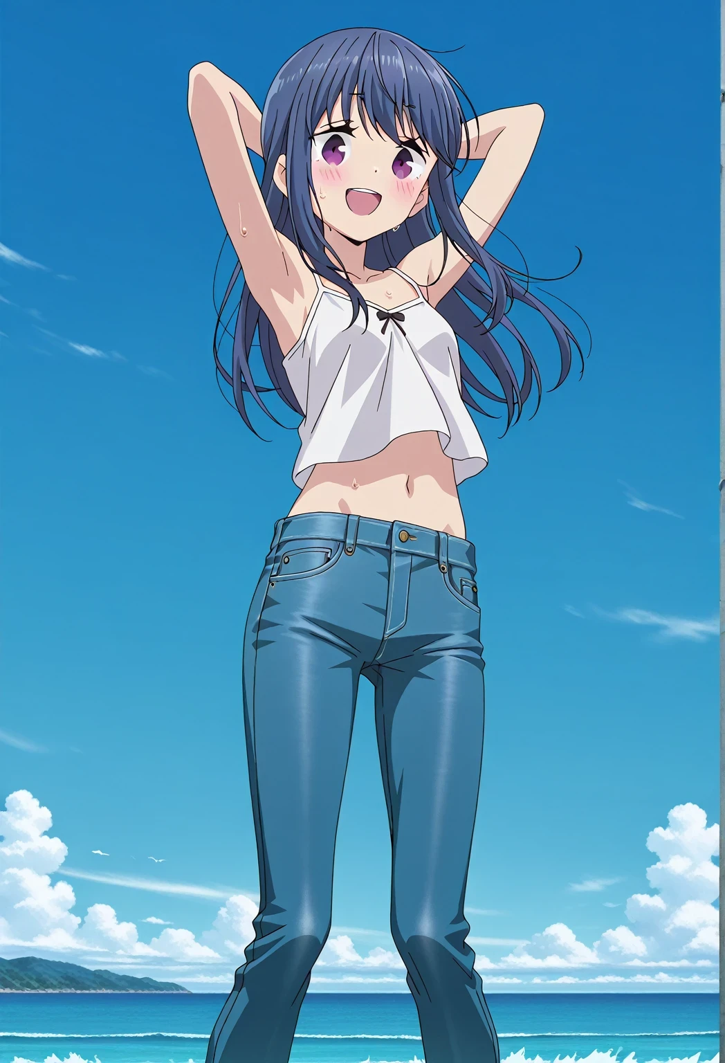 score_9, score_8_up, score_7_up, source_anime, highres, hi res, ((best quality, top quality, perfect quality, Highest Quality, amazing quality)), {{masterpiece}}, {{an extremely delicate and beautiful}}, 2d, intricate details, official style, anime, 8k, anime style, official_anime, official art, digital painting, cell shading, soft shading, high resolution, soothing tones, Subdued Color, Soft cinematic light, adobe lightroom, photolab, HDR, intricately and hyper-detailed, ((high quality animation)), 1 girl, Alone, solo, ((ocean)), tsunami, on the water, day, sunny, outdoors, sky, windy, rin shima, Yurucamp, blue hair, purple eyes, long hair, sidelocks, anime screencap, small breasts, white camisole top, crop top, white crop top, best quality, hyper-detailed jeans, ((blue jeans:1.9)), (dark blue jeans:0.6), full medium body, medium shot, Open mouth, smiling, happy face, blush, sweat, standing, ((arms behind head:6.0)), bowlegged, jumping pose, action, looking at viewer, spread legs, Bend knees slightly, straight-on front view