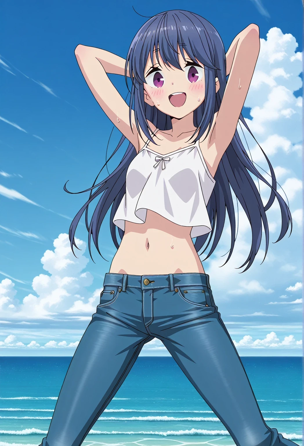 score_9, score_8_up, score_7_up, source_anime, highres, hi res, ((best quality, top quality, perfect quality, Highest Quality, amazing quality)), {{masterpiece}}, {{an extremely delicate and beautiful}}, 2d, intricate details, official style, anime, 8k, anime style, official_anime, official art, digital painting, cell shading, soft shading, high resolution, soothing tones, Subdued Color, Soft cinematic light, adobe lightroom, photolab, HDR, intricately and hyper-detailed, ((high quality animation)), 1 girl, Alone, solo, ((ocean)), tsunami, on the water, day, sunny, outdoors, sky, windy, rin shima, Yurucamp, blue hair, purple eyes, long hair, sidelocks, anime screencap, small breasts, white camisole top, crop top, white crop top, best quality, hyper-detailed jeans, ((blue jeans:1.9)), (dark blue jeans:0.6), full medium body, medium shot, Open mouth, smiling, happy face, blush, sweat, standing, ((arms behind head:6.0)), bowlegged, jumping pose, action, looking at viewer, spread legs, Bend knees slightly, straight-on front view