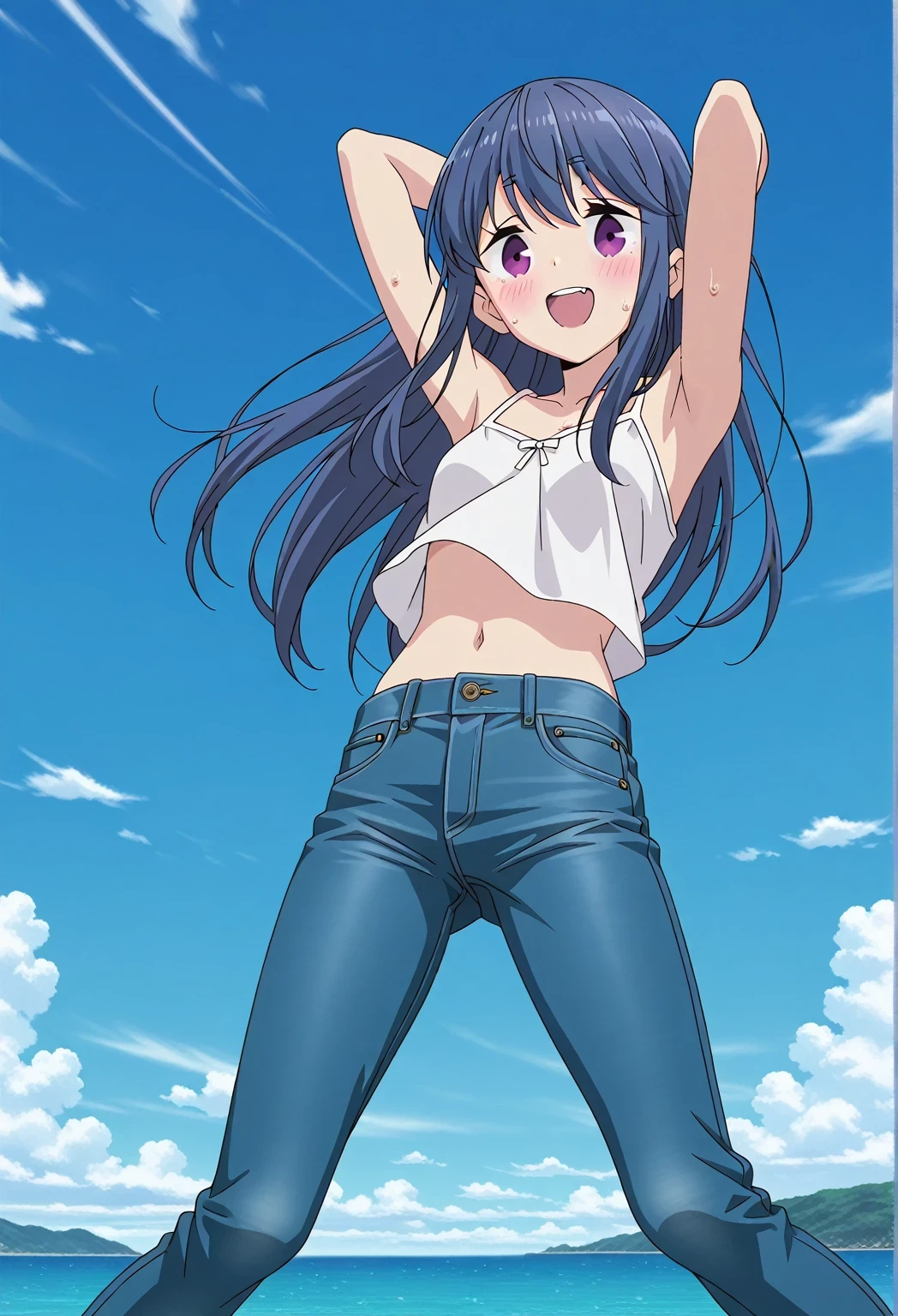 score_9, score_8_up, score_7_up, source_anime, highres, hi res, ((best quality, top quality, perfect quality, Highest Quality, amazing quality)), {{masterpiece}}, {{an extremely delicate and beautiful}}, 2d, intricate details, official style, anime, 8k, anime style, official_anime, official art, digital painting, cell shading, soft shading, high resolution, soothing tones, Subdued Color, Soft cinematic light, adobe lightroom, photolab, HDR, intricately and hyper-detailed, ((high quality animation)), 1 girl, Alone, solo, ((ocean)), tsunami, on the water, day, sunny, outdoors, sky, windy, rin shima, Yurucamp, blue hair, purple eyes, long hair, sidelocks, anime screencap, small breasts, white camisole top, crop top, white crop top, best quality, hyper-detailed jeans, ((blue jeans:1.9)), (dark blue jeans:0.6), full medium body, medium shot, Open mouth, smiling, happy face, blush, sweat, standing, ((arms behind head:6.0)), bowlegged, sliding pose, action, looking at viewer, spread legs, Bend knees slightly, straight-on front view