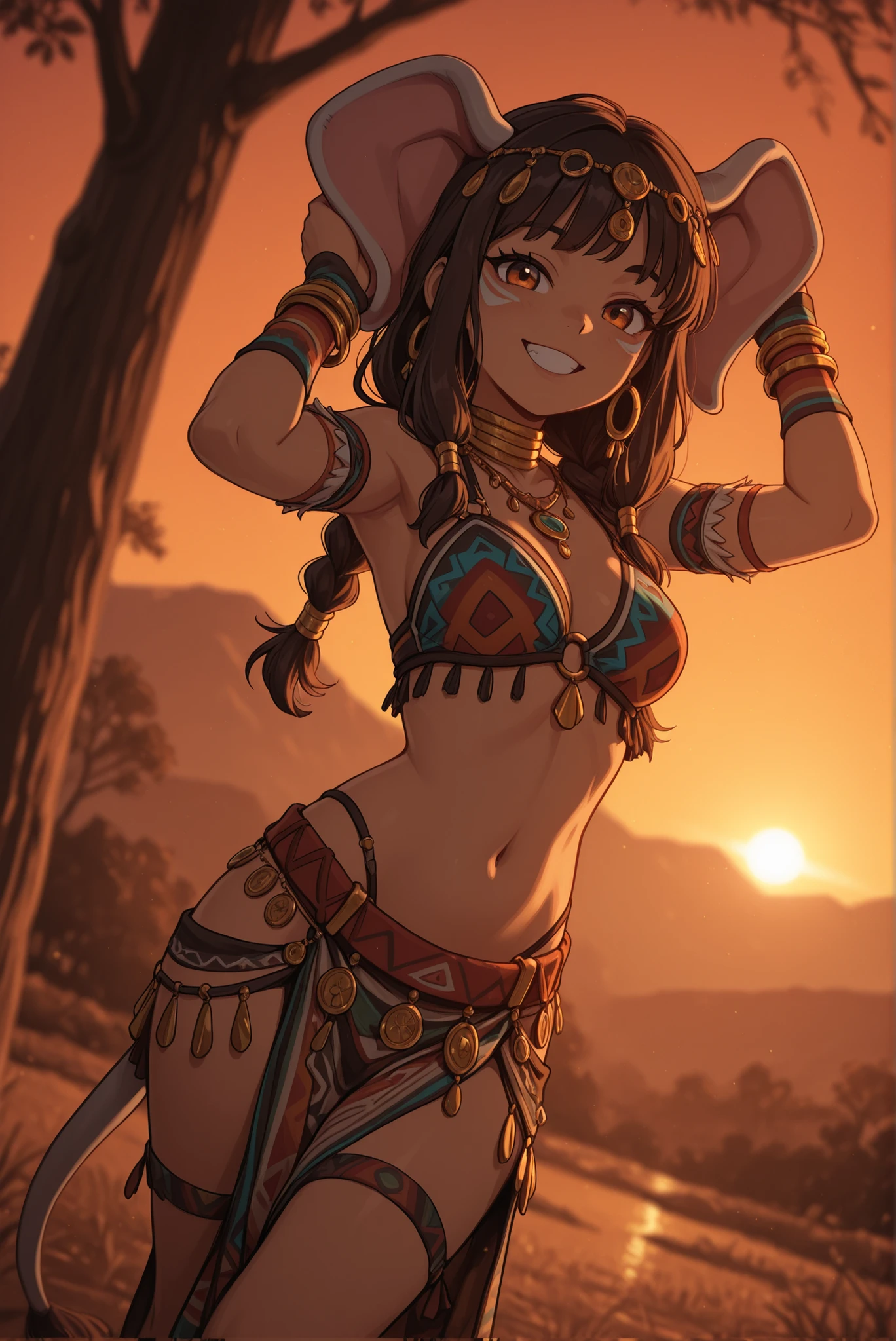 A sturdy adult man smiling widely, wearing colorful tribal clothing with geometric patterns, adorned with accessories inspired by elephants including large false elephant ears attached to the head, necklaces with elephant symbols, synthetic ivory bracelets on the wrists. He is standing in a confident and cheerful pose, photographed at a 45-degree angle showing his entire body. Ao fundo, an African savanna landscape with acacia trees and orange sunsets. Warm and gold lighting highlighting the details of the clothing and accessories. high quality photograph with medium depth of field.