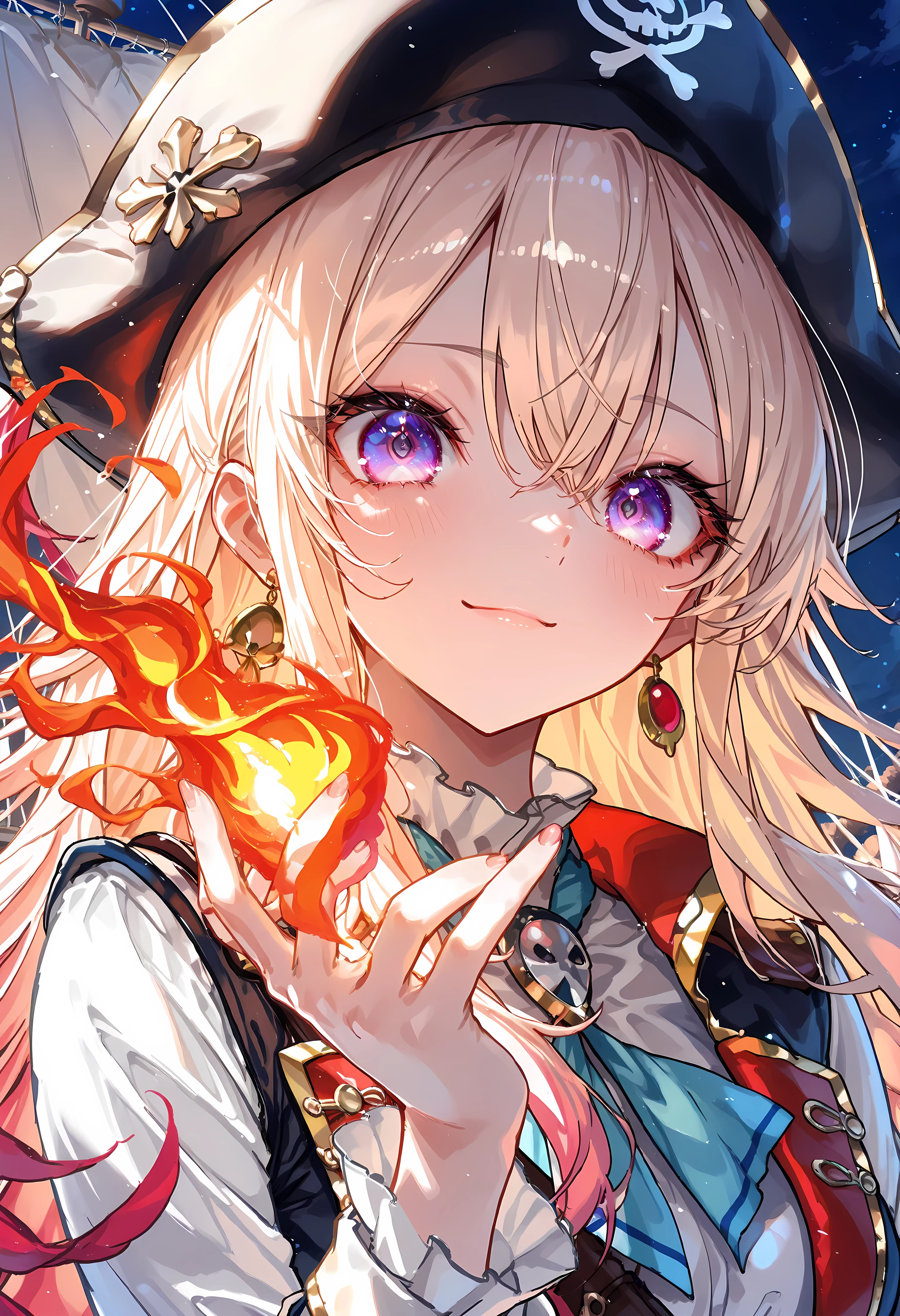 Brilliant Colors,beautiful eyes,A delicate smile,Textured Skin,masterpiece,Kilo,Highest Quality,gentle and beautiful woman,captain,Pirate Fleet,無数のsailが旗めく,sail,The Enchanted Pirate,A powerful pirate ship,A magnificent ship's hull,A rolling ocean,A vibrant scarlet flag,A pirate captain full of adventurous spirit,night,Break (masterpiece:1.2), 最High Quality, high resolution, Unity 8k Wallpaper, (shape:0.8), (Beautiful attention to detail:1.6), Highly detailed faces, perfect lighting, very detailed CG, (perfect hands, perfect anatomy),meteor、空から降り注ぐmeteor、無数のmeteor群,The Ship Wrapped in the Hand of Fire,A gaze with thick eyelashes,A look like a noble thief,The captain's solemn posture,Extreme detail,Realistic,professional,Incredibly detailed,masterpiece,4K,High Quality,ultimate reality,Dramatic Lighting,dynamic composition,Overwhelming Realism,Dark tones and highly saturated accents,A lively marine painting