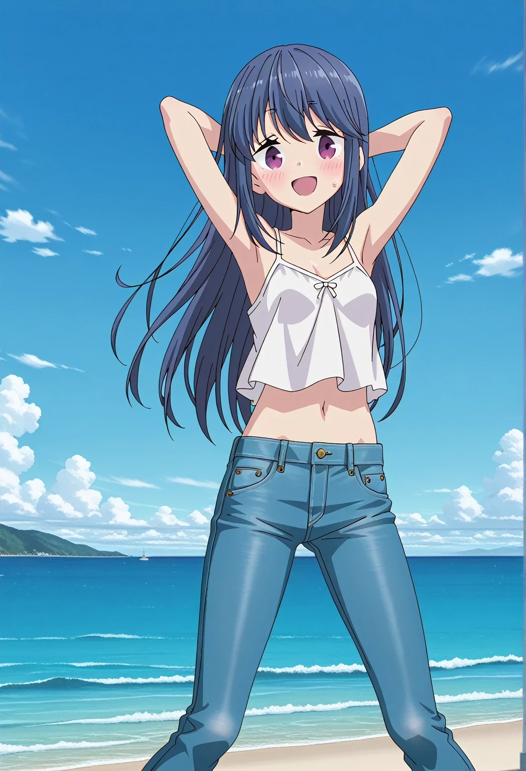 score_9, score_8_up, score_7_up, source_anime, highres, hi res, ((best quality, top quality, perfect quality, Highest Quality, amazing quality)), {{masterpiece}}, {{an extremely delicate and beautiful}}, 2d, intricate details, official style, anime, 8k, anime style, official_anime, official art, digital painting, cell shading, soft shading, high resolution, soothing tones, Subdued Color, Soft cinematic light, adobe lightroom, photolab, HDR, intricately and hyper-detailed, ((high quality animation)), 1 girl, Alone, solo, ((ocean)), tsunami, on the water, day, sunny, outdoors, sky, windy, rin shima, Yurucamp, blue hair, purple eyes, long hair, sidelocks, anime screencap, small breasts, white camisole top, crop top, white crop top, best quality, hyper-detailed jeans, ((blue jeans:1.9)), (dark blue jeans:0.6), full medium body, medium shot, Open mouth, smiling, happy face, blush, sweat, standing, ((arms behind head:6.0)), bowlegged, natural standing pose, action, looking at viewer, spread legs, Bend knees slightly, straight-on front view