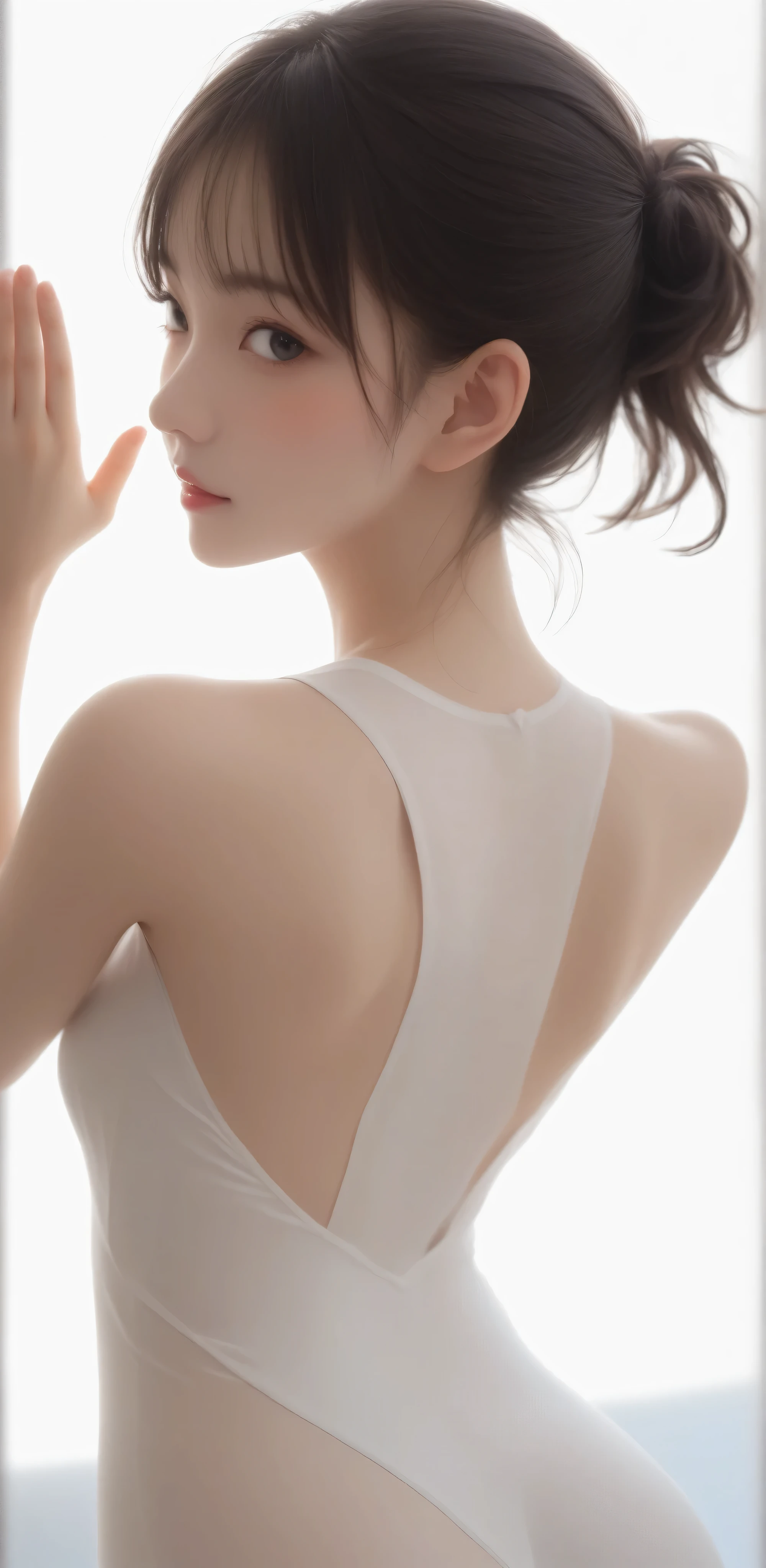 1 Girl、model girl wearing a pillow、raise her hand and look at her armpits,Rating_Safety,(skinny:1.36),(younger:1.19),Taken diagonally from directly behind、Look at the audience,japanese,(smile Yang:0.27)