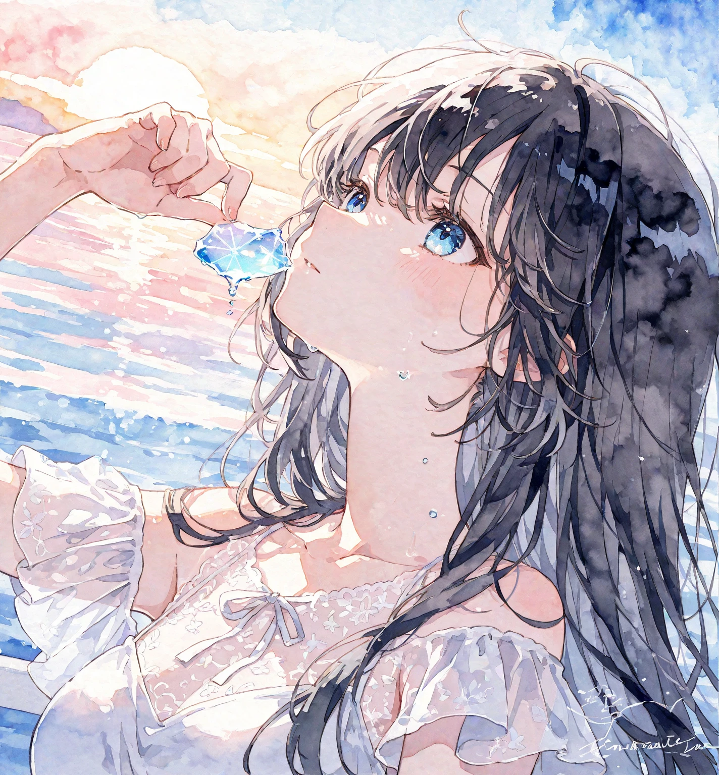 A woman in a white dress standing in the ocean with long hair - SeaArt AI