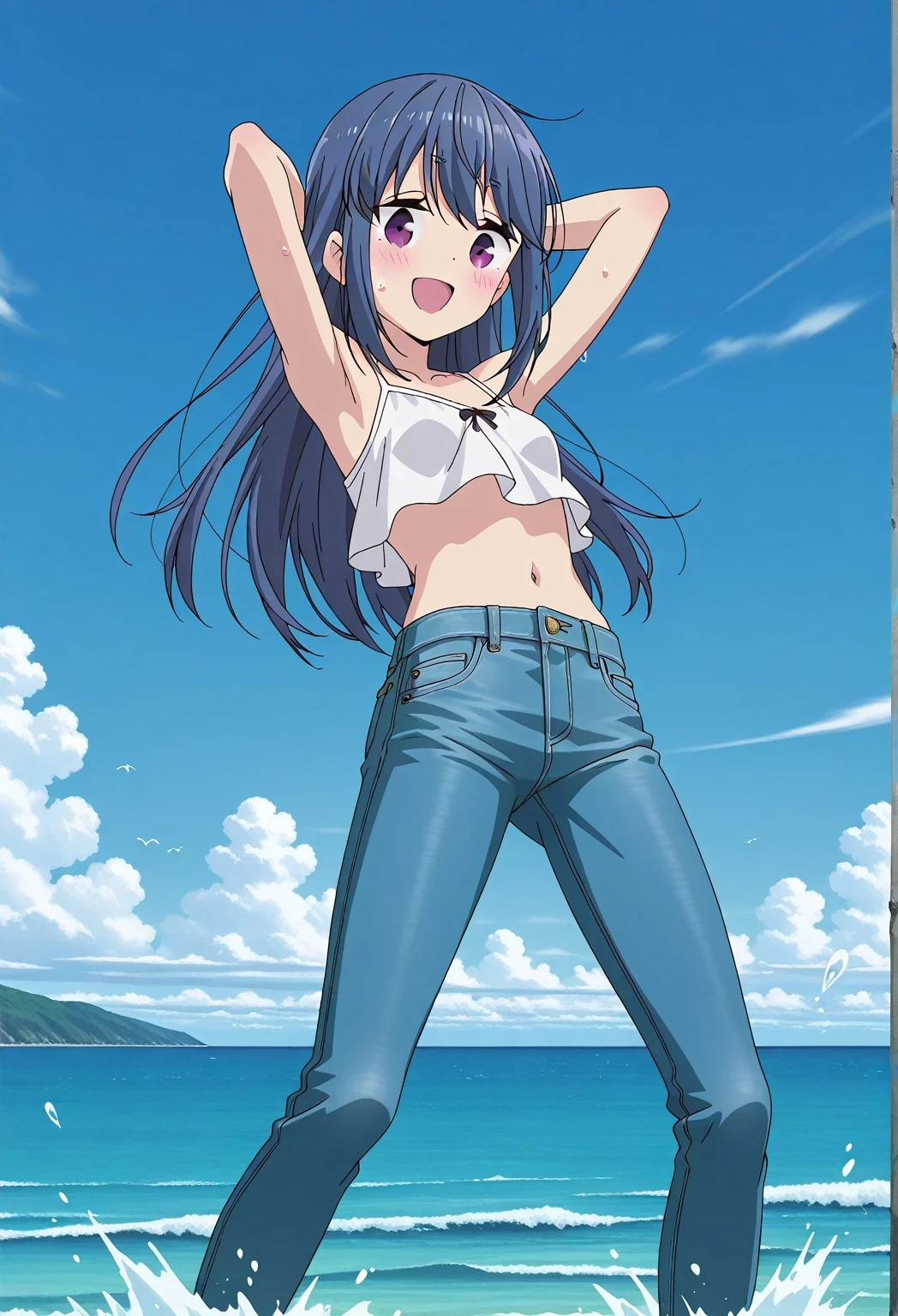 score_9, score_8_up, score_7_up, source_anime, highres, hi res, ((best quality, top quality, perfect quality, Highest Quality, amazing quality)), {{masterpiece}}, {{an extremely delicate and beautiful}}, 2d, intricate details, official style, anime, 8k, anime style, official_anime, official art, digital painting, cell shading, soft shading, high resolution, soothing tones, Subdued Color, Soft cinematic light, adobe lightroom, photolab, HDR, intricately and hyper-detailed, ((high quality animation)), 1 girl, Alone, solo, ((ocean)), tsunami, on the water, day, sunny, outdoors, sky, windy, rin shima, Yurucamp, blue hair, purple eyes, long hair, sidelocks, anime screencap, small breasts, white camisole top, crop top, white crop top, best quality, hyper-detailed jeans, ((blue jeans:1.9)), (dark blue jeans:0.6), full medium body, medium shot, Open mouth, smiling, happy face, blush, sweat, standing, ((arms behind head:6.0)), bowlegged, jumping pose, action, looking at viewer, spread legs, Bend knees slightly, straight-on front view