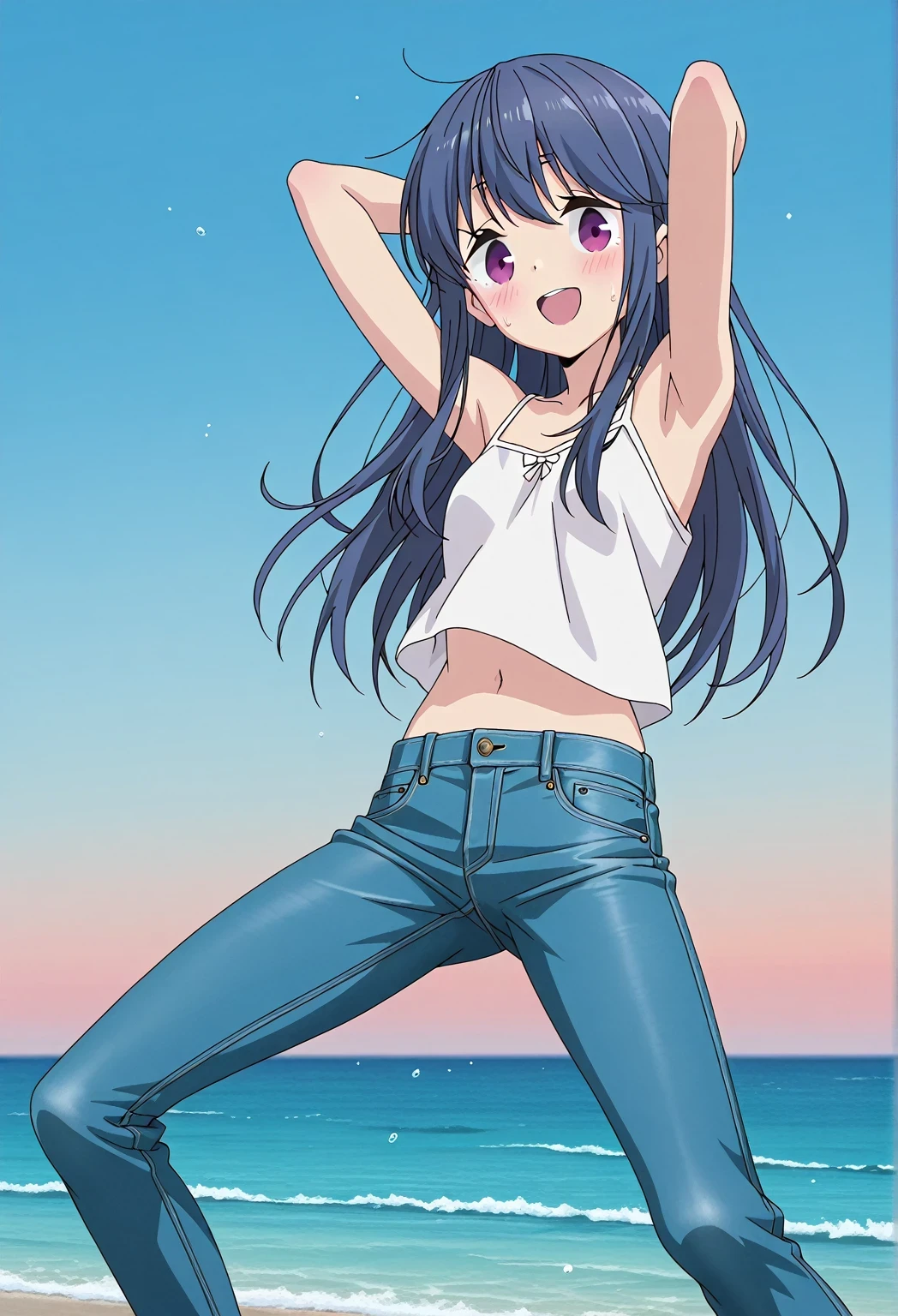 score_9, score_8_up, score_7_up, source_anime, highres, hi res, ((best quality, top quality, perfect quality, Highest Quality, amazing quality)), {{masterpiece}}, {{an extremely delicate and beautiful}}, 2d, intricate details, official style, anime, 8k, anime style, official_anime, official art, digital painting, cell shading, soft shading, high resolution, soothing tones, Subdued Color, Soft cinematic light, adobe lightroom, photolab, HDR, intricately and hyper-detailed, ((high quality animation)), 1 girl, Alone, solo, ((ocean)), tsunami, on the water, day, sunny, outdoors, sky, windy, rin shima, Yurucamp, blue hair, purple eyes, long hair, sidelocks, anime screencap, small breasts, white camisole top, crop top, white crop top, best quality, hyper-detailed jeans, ((blue jeans:1.9)), (dark blue jeans:0.6), full medium body, medium shot, Open mouth, smiling, happy face, blush, sweat, standing, ((arms behind head:6.0)), bowlegged, jumping pose, action, looking at viewer, spread legs, Bend knees slightly, straight-on front view