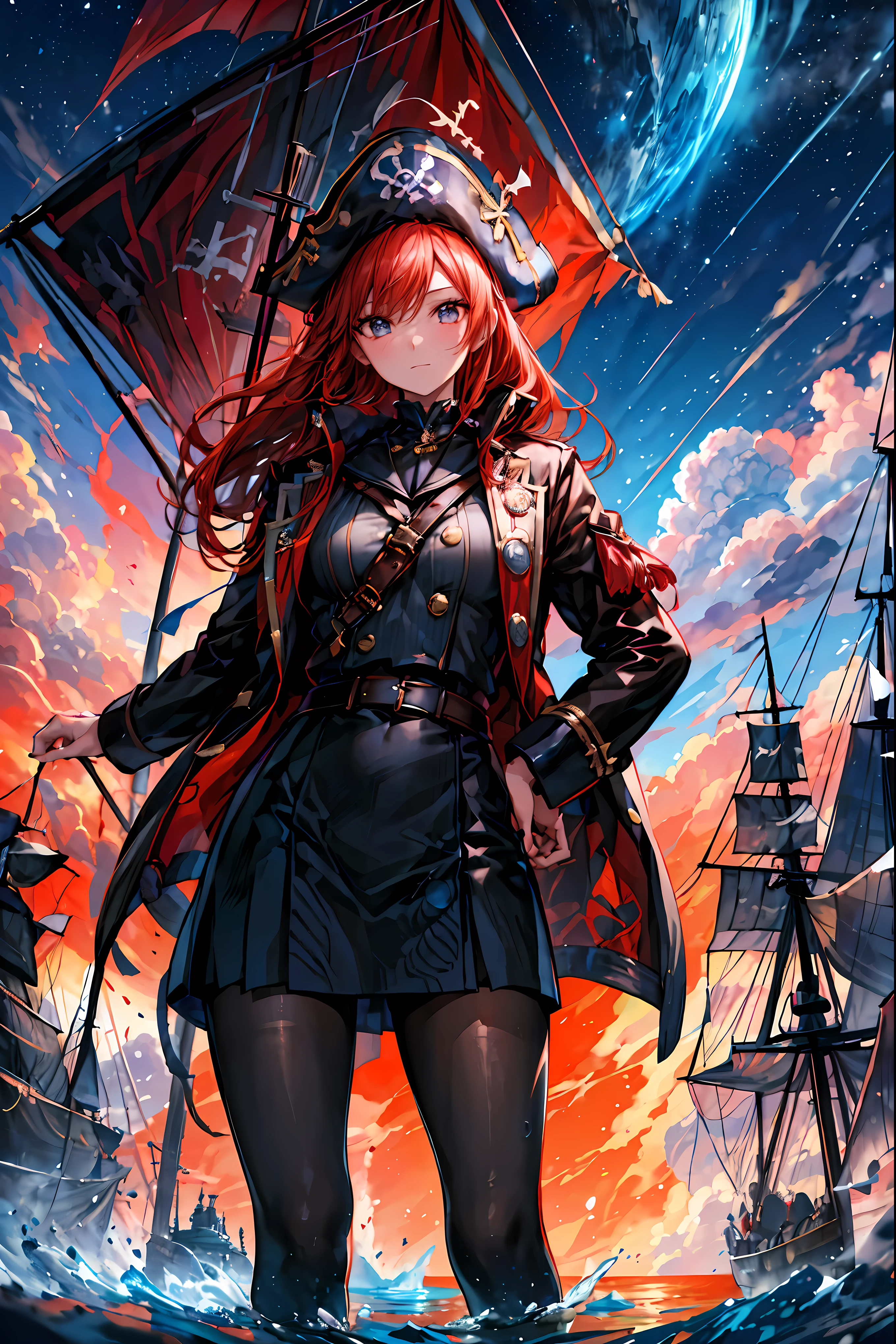 Brilliant Colors,beautiful eyes,A delicate smile,Textured Skin,masterpiece,Kilo,Highest Quality,gentle and beautiful woman,captain，Pirate Fleet，無数のsailが旗めく，sail，The Enchanted Pirate,A powerful pirate ship,A magnificent ship's hull,A rolling ocean,A vibrant scarlet flag,A pirate captain full of adventurous spirit,night，Break (masterpiece:1.2), 最High Quality, high resolution, Unity 8k Wallpaper, (shape:0.8), (Beautiful attention to detail:1.6),  Highly detailed faces, perfect lighting, very detailed CG, (perfect hands, perfect anatomy),St. Elmo's Fire，meteor、空から降り注ぐmeteor、無数のmeteor群，The Ship Wrapped in the Hand of Fire，A gaze with thick eyelashes,A look like a noble thief,The captain's solemn posture,Extreme detail,Realistic,professional,Incredibly detailed,masterpiece,4K,High Quality,ultimate reality,Dramatic Lighting,dynamic composition,Overwhelming Realism,Dark tones and highly saturated accents,A lively marine painting