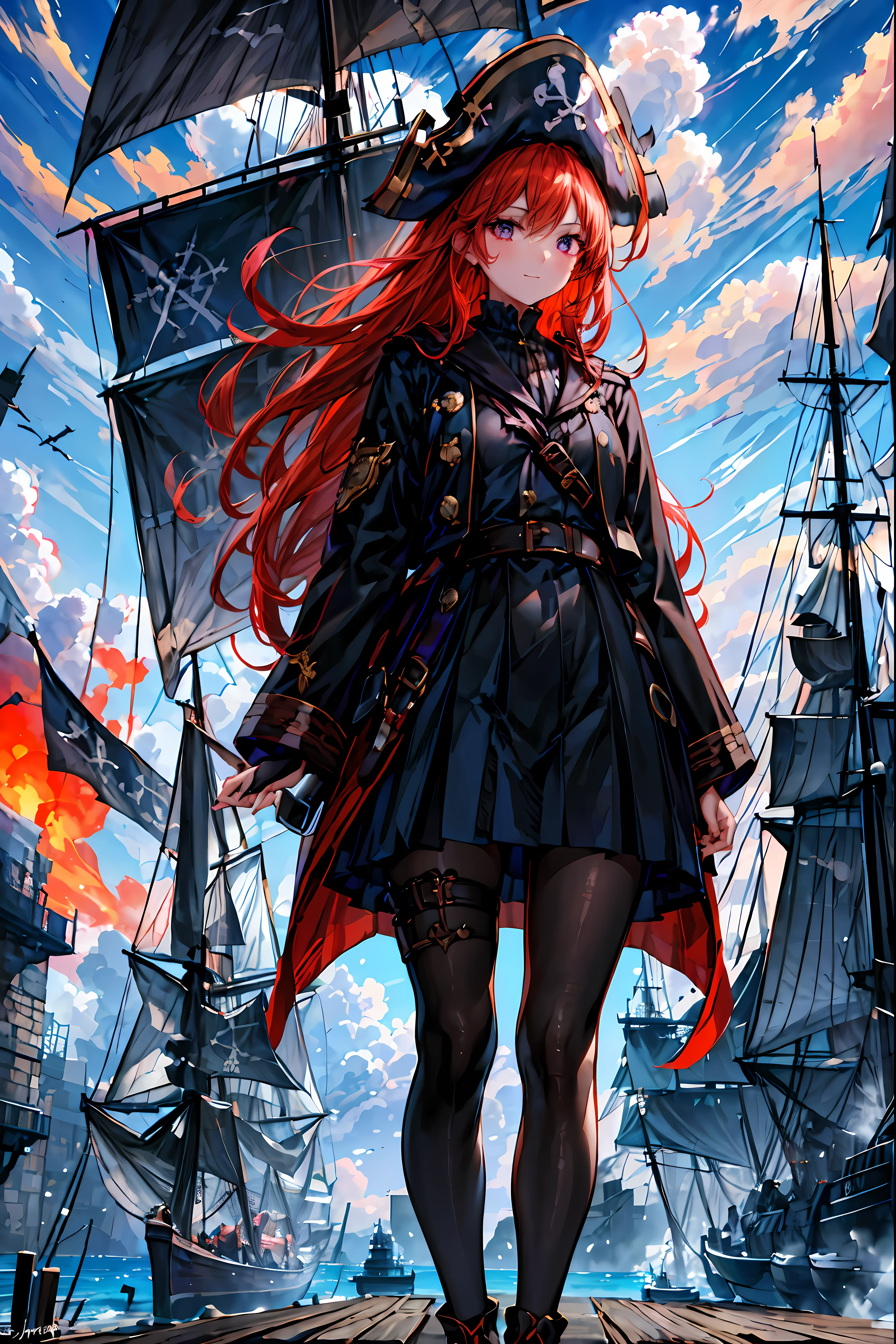 Brilliant Colors,beautiful eyes,A delicate smile,Textured Skin,masterpiece,Kilo,Highest Quality,gentle and beautiful woman,captain，Pirate Fleet，無数のsailが旗めく，sail，The Enchanted Pirate,A powerful pirate ship,A magnificent ship's hull,A rolling ocean,A vibrant scarlet flag,A pirate captain full of adventurous spirit,night，Break (masterpiece:1.2), 最High Quality, high resolution, Unity 8k Wallpaper, (shape:0.8), (Beautiful attention to detail:1.6),  Highly detailed faces, perfect lighting, very detailed CG, (perfect hands, perfect anatomy),St. Elmo's Fire，meteor、空から降り注ぐmeteor、無数のmeteor群，The Ship Wrapped in the Hand of Fire，A gaze with thick eyelashes,A look like a noble thief,The captain's solemn posture,Extreme detail,Realistic,professional,Incredibly detailed,masterpiece,4K,High Quality,ultimate reality,Dramatic Lighting,dynamic composition,Overwhelming Realism,Dark tones and highly saturated accents,A lively marine painting