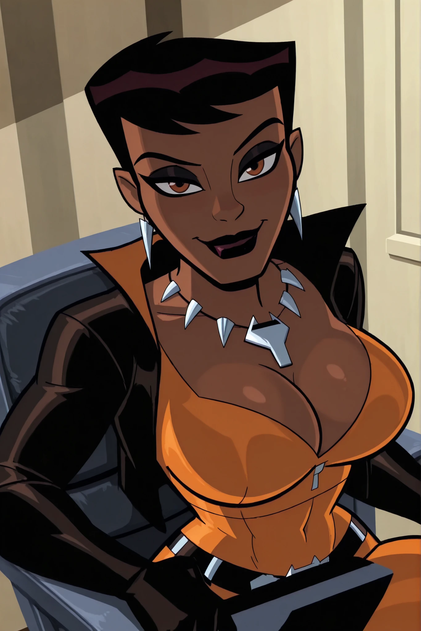 BREAK, score_6_up, score_7_up, score_8_up, score_9, masterpiece, best quality, dramatic lighting, intricate details, 1girl, solo, large breasts, cleavage, curvy, athletic, looking at viewer, seducing viewer, teasing viewer, smiling, closed mouth, seductive expression, bedroom eyes, short hair, black hair, jewelry, necklace, colored skin, dark-skinned female, dark skin, muscular female, colored sclera, lipstick, makeup, v1x3n, sitting in chair, indoors, busty, long sleeves, orange leather jacket, orange crop top, orange jeans, portrait, closeup, upper body, bedroom, high-angle view, black eyeshadow