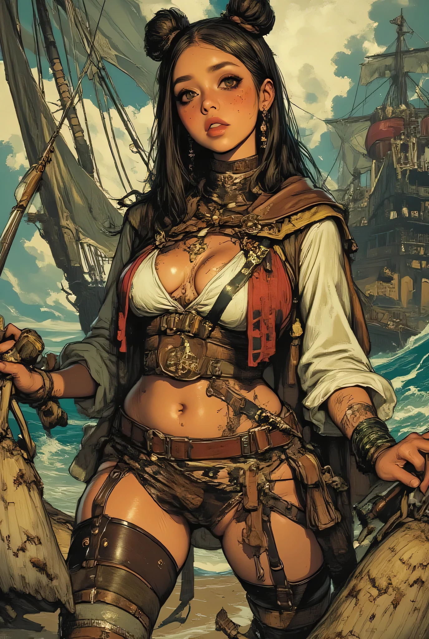 Pirates of the Caribbean who have cutlass、She wears an eye patch、Action movie-like images