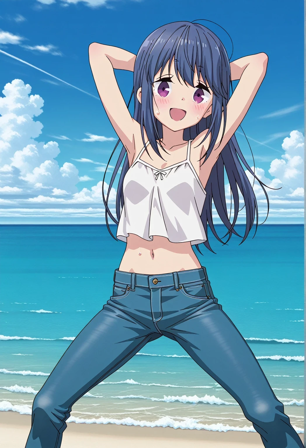 score_9, score_8_up, score_7_up, source_anime, highres, hi res, ((best quality, top quality, perfect quality, Highest Quality, amazing quality)), {{masterpiece}}, {{an extremely delicate and beautiful}}, 2d, intricate details, official style, anime, 8k, anime style, official_anime, official art, digital painting, cell shading, soft shading, high resolution, soothing tones, Subdued Color, Soft cinematic light, adobe lightroom, photolab, HDR, intricately and hyper-detailed, ((high quality animation)), 1 girl, Alone, solo, ((ocean)), tsunami, on the water, day, sunny, outdoors, sky, windy, rin shima, Yurucamp, blue hair, purple eyes, long hair, sidelocks, anime screencap, small breasts, white camisole top, crop top, white crop top, best quality, hyper-detailed jeans, ((blue jeans:1.9)), (dark blue jeans:0.6), full medium body, medium shot, Open mouth, smiling, happy face, blush, sweat, standing, ((arms behind head:6.0)), bowlegged, sliding pose, action, looking at viewer, spread legs, Bend knees slightly, straight-on front view