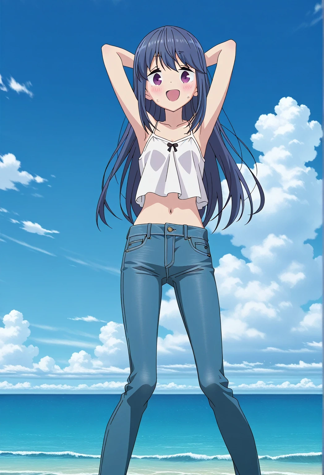 score_9, score_8_up, score_7_up, source_anime, highres, hi res, ((best quality, top quality, perfect quality, Highest Quality, amazing quality)), {{masterpiece}}, {{an extremely delicate and beautiful}}, 2d, intricate details, official style, anime, 8k, anime style, official_anime, official art, digital painting, cell shading, soft shading, high resolution, soothing tones, Subdued Color, Soft cinematic light, adobe lightroom, photolab, HDR, intricately and hyper-detailed, ((high quality animation)), 1 girl, Alone, solo, ((ocean)), tsunami, on the water, day, sunny, outdoors, sky, windy, rin shima, Yurucamp, blue hair, purple eyes, long hair, sidelocks, anime screencap, small breasts, white camisole top, crop top, white crop top, best quality, hyper-detailed jeans, ((blue jeans:1.9)), (dark blue jeans:0.6), full medium body, medium shot, Open mouth, smiling, happy face, blush, sweat, standing, ((arms behind head:6.0)), bowlegged, sliding pose, action, looking at viewer, spread legs, Bend knees slightly, straight-on front view