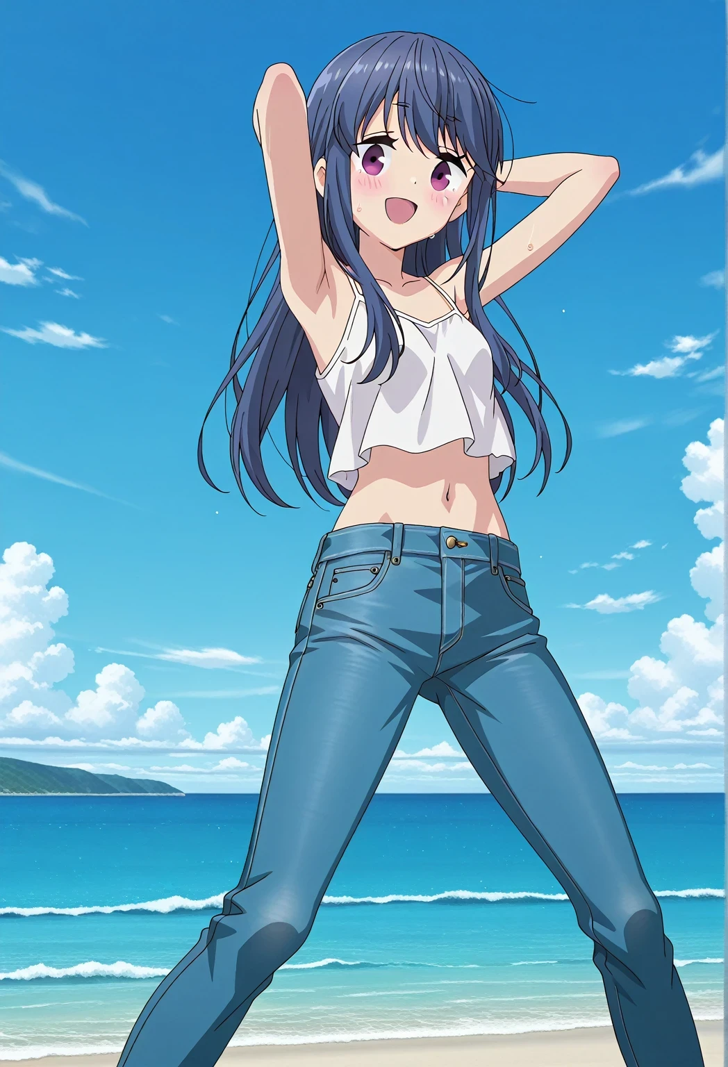 score_9, score_8_up, score_7_up, source_anime, highres, hi res, ((best quality, top quality, perfect quality, Highest Quality, amazing quality)), {{masterpiece}}, {{an extremely delicate and beautiful}}, 2d, intricate details, official style, anime, 8k, anime style, official_anime, official art, digital painting, cell shading, soft shading, high resolution, soothing tones, Subdued Color, Soft cinematic light, adobe lightroom, photolab, HDR, intricately and hyper-detailed, ((high quality animation)), 1 girl, Alone, solo, ((ocean)), tsunami, on the water, day, sunny, outdoors, sky, windy, rin shima, Yurucamp, blue hair, purple eyes, long hair, sidelocks, anime screencap, small breasts, white camisole top, crop top, white crop top, best quality, hyper-detailed jeans, ((blue jeans:1.9)), (dark blue jeans:0.6), full medium body, medium shot, Open mouth, smiling, happy face, blush, sweat, standing, ((arms behind head:6.0)), bowlegged, sliding pose, action, looking at viewer, spread legs, Bend knees slightly, straight-on front view