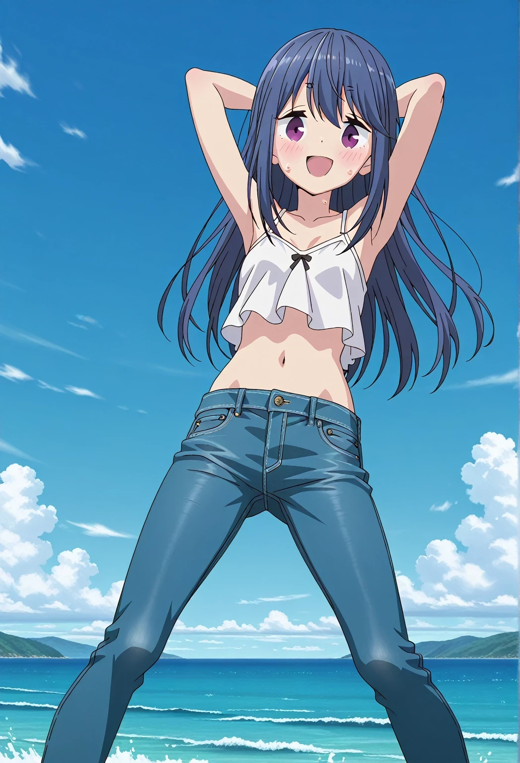 score_9, score_8_up, score_7_up, source_anime, highres, hi res, ((best quality, top quality, perfect quality, Highest Quality, amazing quality)), {{masterpiece}}, {{an extremely delicate and beautiful}}, 2d, intricate details, official style, anime, 8k, anime style, official_anime, official art, digital painting, cell shading, soft shading, high resolution, soothing tones, Subdued Color, Soft cinematic light, adobe lightroom, photolab, HDR, intricately and hyper-detailed, ((high quality animation)), 1 girl, Alone, solo, ((ocean)), tsunami, on the water, day, sunny, outdoors, sky, windy, rin shima, Yurucamp, blue hair, purple eyes, long hair, sidelocks, anime screencap, small breasts, white camisole top, crop top, white crop top, best quality, hyper-detailed jeans, ((blue jeans:1.9)), (dark blue jeans:0.6), full medium body, medium shot, Open mouth, smiling, happy face, blush, sweat, standing, ((arms behind head:6.0)), bowlegged, jumping pose, action, looking at viewer, spread legs, Bend knees slightly, straight-on front view