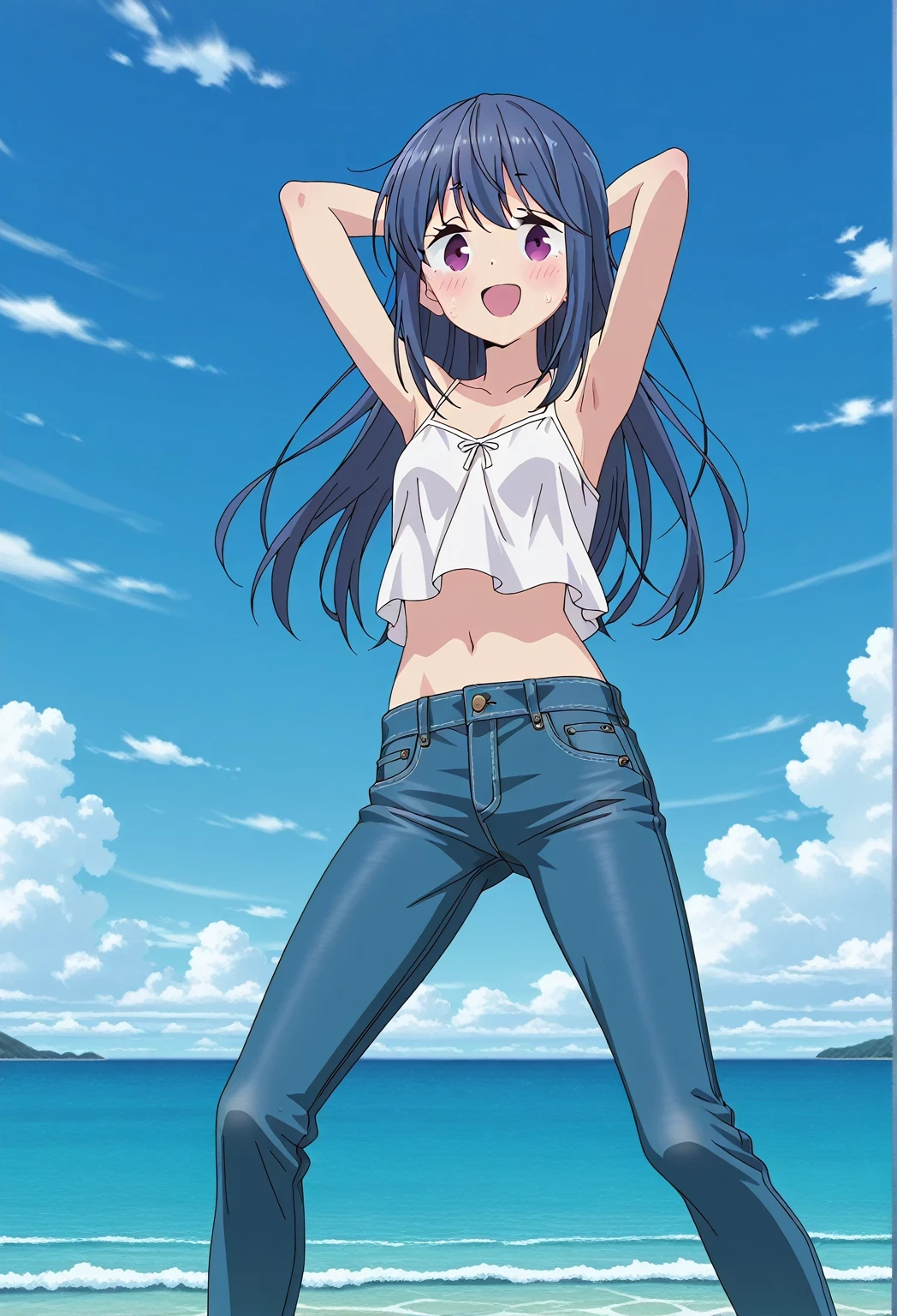 score_9, score_8_up, score_7_up, source_anime, highres, hi res, ((best quality, top quality, perfect quality, Highest Quality, amazing quality)), {{masterpiece}}, {{an extremely delicate and beautiful}}, 2d, intricate details, official style, anime, 8k, anime style, official_anime, official art, digital painting, cell shading, soft shading, high resolution, soothing tones, Subdued Color, Soft cinematic light, adobe lightroom, photolab, HDR, intricately and hyper-detailed, ((high quality animation)), 1 girl, Alone, solo, ((ocean)), tsunami, on the water, day, sunny, outdoors, sky, windy, rin shima, Yurucamp, blue hair, purple eyes, long hair, sidelocks, anime screencap, small breasts, white camisole top, crop top, white crop top, best quality, hyper-detailed jeans, ((blue jeans:1.9)), (dark blue jeans:0.6), full medium body, medium shot, Open mouth, smiling, happy face, blush, sweat, standing, ((arms behind head:6.0)), bowlegged, sliding pose, action, looking at viewer, spread legs, Bend knees slightly, straight-on front view