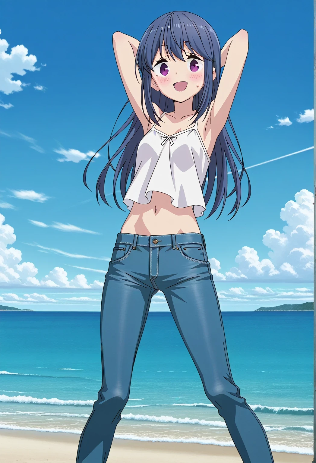 score_9, score_8_up, score_7_up, source_anime, highres, hi res, ((best quality, top quality, perfect quality, Highest Quality, amazing quality)), {{masterpiece}}, {{an extremely delicate and beautiful}}, 2d, intricate details, official style, anime, 8k, anime style, official_anime, official art, digital painting, cell shading, soft shading, high resolution, soothing tones, Subdued Color, Soft cinematic light, adobe lightroom, photolab, HDR, intricately and hyper-detailed, ((high quality animation)), 1 girl, Alone, solo, ((ocean)), tsunami, on the water, day, sunny, outdoors, sky, windy, rin shima, Yurucamp, blue hair, purple eyes, long hair, sidelocks, anime screencap, small breasts, white camisole top, crop top, white crop top, best quality, hyper-detailed jeans, ((blue jeans:1.9)), (dark blue jeans:0.6), full medium body, medium shot, Open mouth, smiling, happy face, blush, sweat, standing, ((arms behind head:6.0)), bowlegged, sliding pose, action, looking at viewer, spread legs, Bend knees slightly, straight-on front view