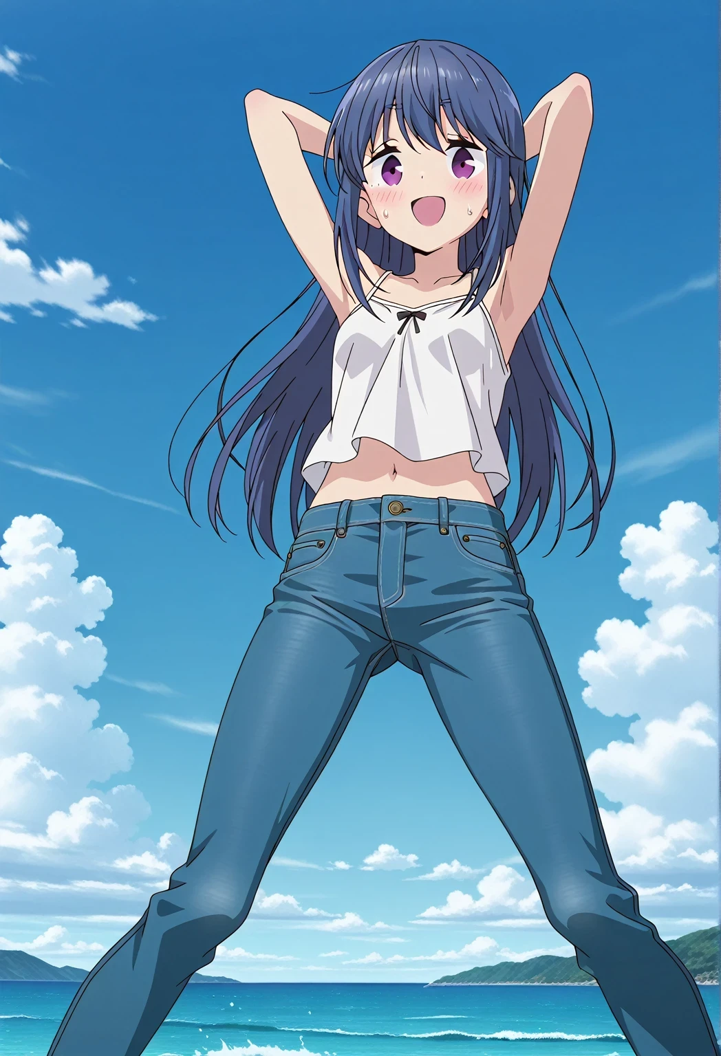 score_9, score_8_up, score_7_up, source_anime, highres, hi res, ((best quality, top quality, perfect quality, Highest Quality, amazing quality)), {{masterpiece}}, {{an extremely delicate and beautiful}}, 2d, intricate details, official style, anime, 8k, anime style, official_anime, official art, digital painting, cell shading, soft shading, high resolution, soothing tones, Subdued Color, Soft cinematic light, adobe lightroom, photolab, HDR, intricately and hyper-detailed, ((high quality animation)), 1 girl, Alone, solo, ((ocean)), tsunami, on the water, day, sunny, outdoors, sky, windy, rin shima, Yurucamp, blue hair, purple eyes, long hair, sidelocks, anime screencap, small breasts, white camisole top, crop top, white crop top, best quality, hyper-detailed jeans, ((blue jeans:1.9)), (dark blue jeans:0.6), full medium body, medium shot, Open mouth, smiling, happy face, blush, sweat, standing, ((arms behind head:6.0)), bowlegged, sliding pose, action, looking at viewer, spread legs, Bend knees slightly, straight-on front view