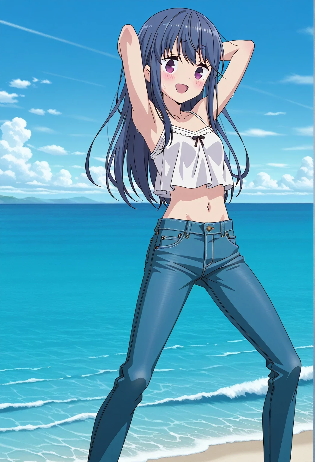 score_9, score_8_up, score_7_up, source_anime, highres, hi res, ((best quality, top quality, perfect quality, Highest Quality, amazing quality)), {{masterpiece}}, {{an extremely delicate and beautiful}}, 2d, intricate details, official style, anime, 8k, anime style, official_anime, official art, digital painting, cell shading, soft shading, high resolution, soothing tones, Subdued Color, Soft cinematic light, adobe lightroom, photolab, HDR, intricately and hyper-detailed, ((high quality animation)), 1 girl, Alone, solo, ((ocean)), tsunami, on the water, day, sunny, outdoors, sky, windy, rin shima, Yurucamp, blue hair, purple eyes, long hair, sidelocks, anime screencap, small breasts, white camisole top, crop top, white crop top, best quality, hyper-detailed jeans, ((blue jeans:1.9)), (dark blue jeans:0.6), full medium body, medium shot, Open mouth, smiling, happy face, blush, sweat, standing, ((arms behind head:6.0)), bowlegged, sliding pose, action, looking at viewer, spread legs, Bend knees slightly, straight-on front view