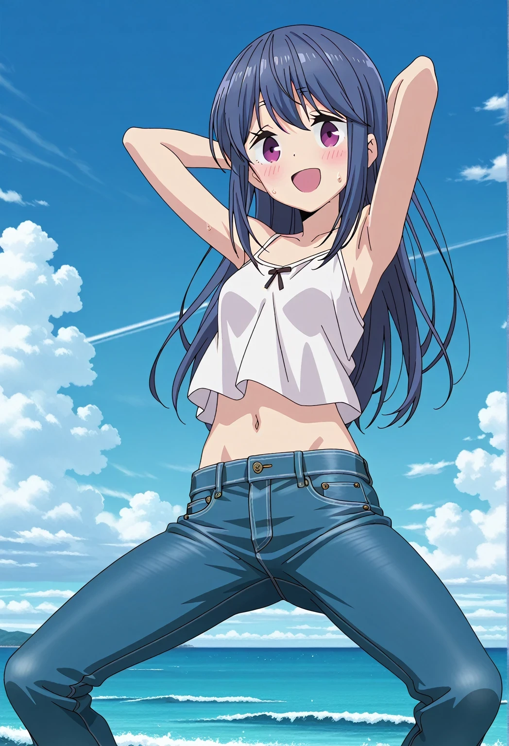 score_9, score_8_up, score_7_up, source_anime, highres, hi res, ((best quality, top quality, perfect quality, Highest Quality, amazing quality)), {{masterpiece}}, {{an extremely delicate and beautiful}}, 2d, intricate details, official style, anime, 8k, anime style, official_anime, official art, digital painting, cell shading, soft shading, high resolution, soothing tones, Subdued Color, Soft cinematic light, adobe lightroom, photolab, HDR, intricately and hyper-detailed, ((high quality animation)), 1 girl, Alone, solo, ((ocean)), tsunami, on the water, day, sunny, outdoors, sky, windy, rin shima, Yurucamp, blue hair, purple eyes, long hair, sidelocks, anime screencap, small breasts, white camisole top, crop top, white crop top, best quality, hyper-detailed jeans, ((blue jeans:1.9)), (dark blue jeans:0.6), full medium body, medium shot, small mouth, Open mouth, smiling, happy face, blush, sweat, standing, ((arms behind head:6.0)), bowlegged, jumping pose, action, looking at viewer, spread legs, Bend knees slightly, straight-on front view