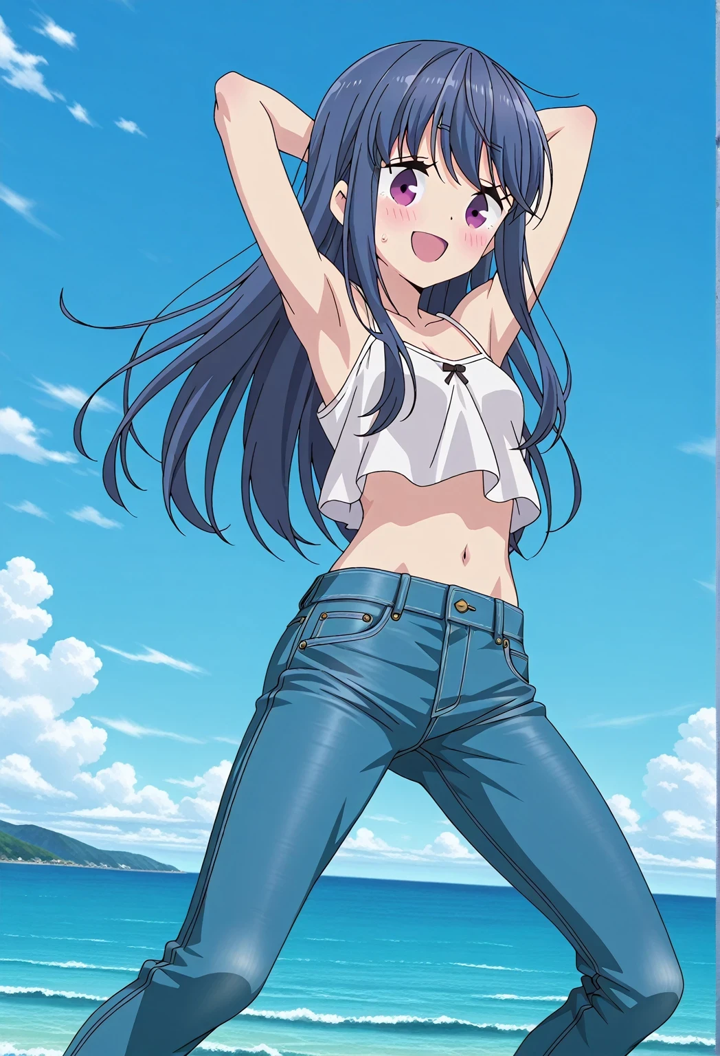 score_9, score_8_up, score_7_up, source_anime, highres, hi res, ((best quality, top quality, perfect quality, Highest Quality, amazing quality)), {{masterpiece}}, {{an extremely delicate and beautiful}}, 2d, intricate details, official style, anime, 8k, anime style, official_anime, official art, digital painting, cell shading, soft shading, high resolution, soothing tones, Subdued Color, Soft cinematic light, adobe lightroom, photolab, HDR, intricately and hyper-detailed, ((high quality animation)), 1 girl, Alone, solo, ((ocean)), tsunami, on the water, day, sunny, outdoors, sky, windy, rin shima, Yurucamp, blue hair, purple eyes, long hair, sidelocks, anime screencap, small breasts, white camisole top, crop top, white crop top, best quality, hyper-detailed jeans, ((blue jeans:1.9)), (dark blue jeans:0.6), full medium body, medium shot, small mouth, Open mouth, smiling, happy face, blush, sweat, standing, ((arms behind head:6.0)), bowlegged, jumping pose, action, looking at viewer, spread legs, Bend knees slightly, straight-on front view