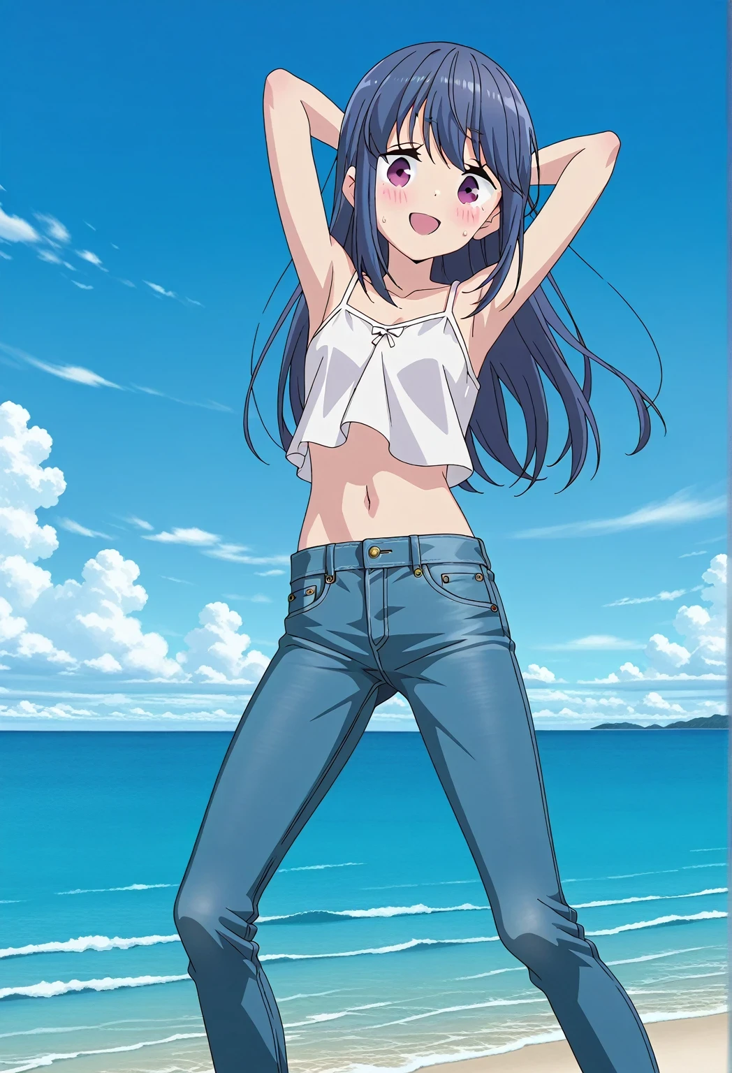 score_9, score_8_up, score_7_up, source_anime, highres, hi res, ((best quality, top quality, perfect quality, Highest Quality, amazing quality)), {{masterpiece}}, {{an extremely delicate and beautiful}}, 2d, intricate details, official style, anime, 8k, anime style, official_anime, official art, digital painting, cell shading, soft shading, high resolution, soothing tones, Subdued Color, Soft cinematic light, adobe lightroom, photolab, HDR, intricately and hyper-detailed, ((high quality animation)), 1 girl, Alone, solo, ((ocean)), tsunami, on the water, day, sunny, outdoors, sky, windy, rin shima, Yurucamp, blue hair, purple eyes, long hair, sidelocks, anime screencap, small breasts, white camisole top, crop top, white crop top, best quality, hyper-detailed jeans, ((blue jeans:1.9)), (dark blue jeans:0.6), full medium body, medium shot, small mouth, Open mouth, smiling, happy face, blush, sweat, standing, ((arms behind head:6.0)), bowlegged, jumping pose, action, looking at viewer, spread legs, Bend knees slightly, straight-on front view