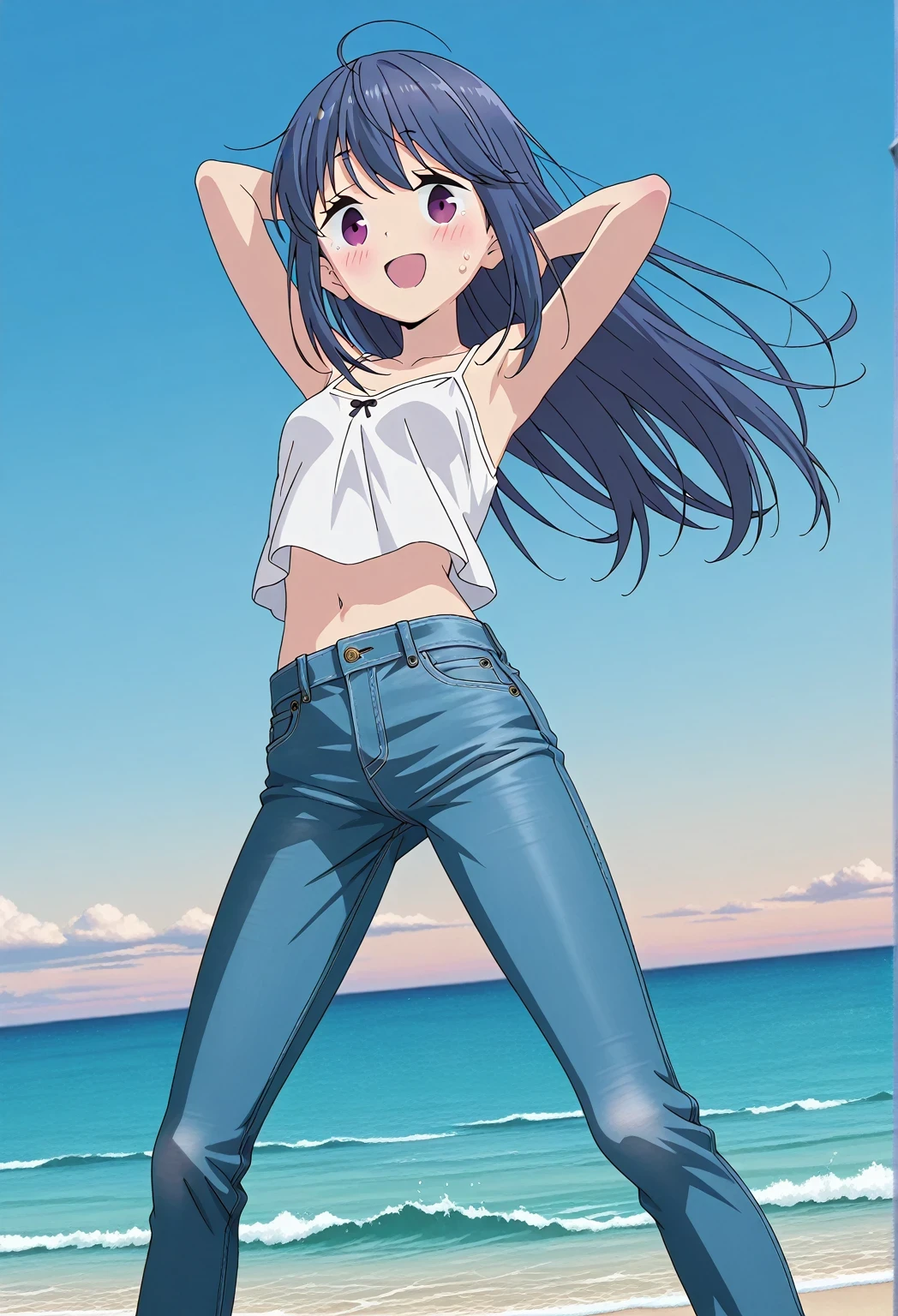 score_9, score_8_up, score_7_up, source_anime, highres, hi res, ((best quality, top quality, perfect quality, Highest Quality, amazing quality)), {{masterpiece}}, {{an extremely delicate and beautiful}}, 2d, intricate details, official style, anime, 8k, anime style, official_anime, official art, digital painting, cell shading, soft shading, high resolution, soothing tones, Subdued Color, Soft cinematic light, adobe lightroom, photolab, HDR, intricately and hyper-detailed, ((high quality animation)), 1 girl, Alone, solo, ((ocean)), tsunami, on the water, day, sunny, outdoors, sky, windy, rin shima, Yurucamp, blue hair, purple eyes, long hair, sidelocks, anime screencap, small breasts, white camisole top, crop top, white crop top, best quality, hyper-detailed jeans, ((blue jeans:1.9)), (dark blue jeans:0.6), full medium body, medium shot, small mouth, Open mouth, smiling, happy face, blush, sweat, standing, ((arms behind head:6.0)), bowlegged, jumping pose, action, looking at viewer, spread legs, Bend knees slightly, straight-on front view