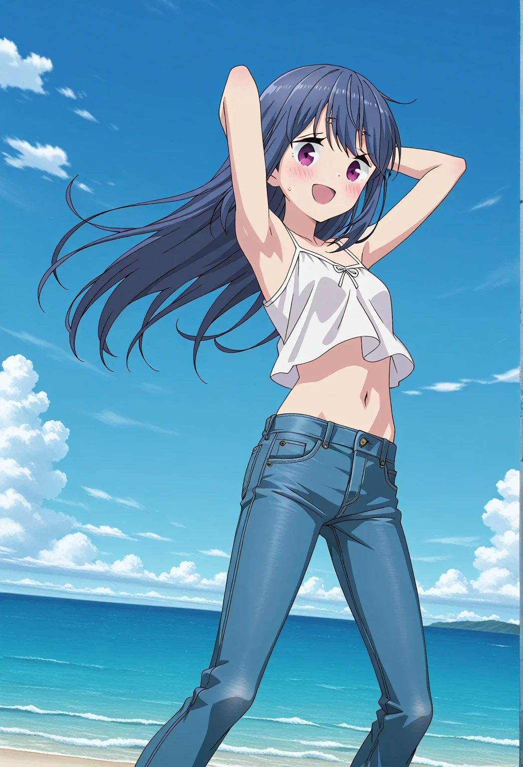 score_9, score_8_up, score_7_up, source_anime, highres, hi res, ((best quality, top quality, perfect quality, Highest Quality, amazing quality)), {{masterpiece}}, {{an extremely delicate and beautiful}}, 2d, intricate details, official style, anime, 8k, anime style, official_anime, official art, digital painting, cell shading, soft shading, high resolution, soothing tones, Subdued Color, Soft cinematic light, adobe lightroom, photolab, HDR, intricately and hyper-detailed, ((high quality animation)), 1 girl, Alone, solo, ((ocean)), tsunami, on the water, day, sunny, outdoors, sky, windy, rin shima, Yurucamp, blue hair, purple eyes, long hair, sidelocks, anime screencap, small breasts, white camisole top, crop top, white crop top, best quality, hyper-detailed jeans, ((blue jeans:1.9)), (dark blue jeans:0.6), full medium body, medium shot, small mouth, Open mouth, smiling, happy face, blush, sweat, standing, ((arms behind head:6.0)), bowlegged, jumping pose, action, looking at viewer, spread legs, Bend knees slightly, straight-on front view
