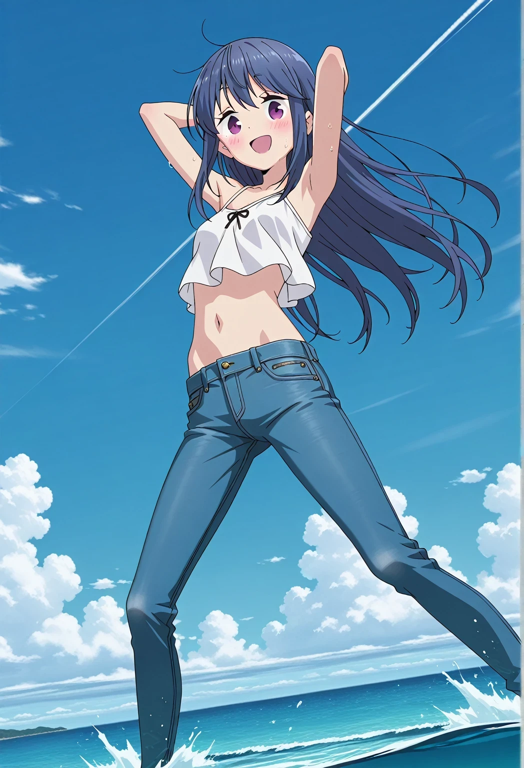 score_9, score_8_up, score_7_up, source_anime, highres, hi res, ((best quality, top quality, perfect quality, Highest Quality, amazing quality)), {{masterpiece}}, {{an extremely delicate and beautiful}}, 2d, intricate details, official style, anime, 8k, anime style, official_anime, official art, digital painting, cell shading, soft shading, high resolution, soothing tones, Subdued Color, Soft cinematic light, adobe lightroom, photolab, HDR, intricately and hyper-detailed, ((high quality animation)), 1 girl, Alone, solo, ((ocean)), tsunami, on the water, day, sunny, outdoors, sky, windy, rin shima, Yurucamp, blue hair, purple eyes, long hair, sidelocks, anime screencap, small breasts, white camisole top, crop top, white crop top, best quality, hyper-detailed jeans, ((blue jeans:1.9)), (dark blue jeans:0.6), full medium body, medium shot, small mouth, Open mouth, smiling, happy face, blush, sweat, standing, ((arms behind head:6.0)), bowlegged, jumping pose, action, looking at viewer, spread legs, Bend knees slightly, straight-on front view