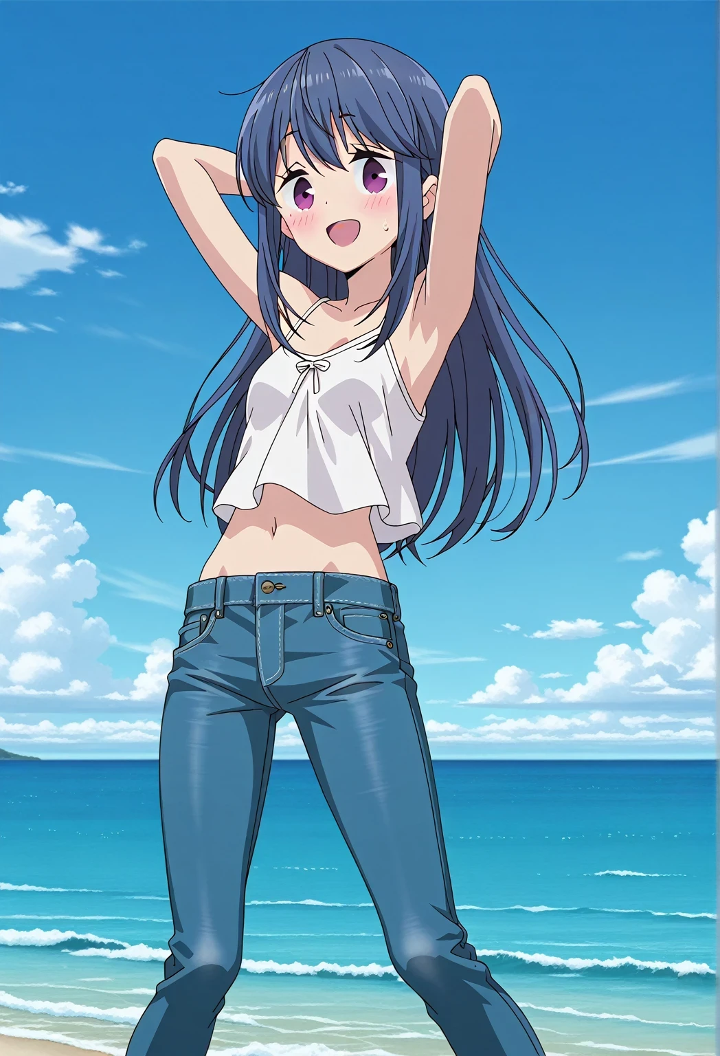 score_9, score_8_up, score_7_up, source_anime, highres, hi res, ((best quality, top quality, perfect quality, Highest Quality, amazing quality)), {{masterpiece}}, {{an extremely delicate and beautiful}}, 2d, intricate details, official style, anime, 8k, anime style, official_anime, official art, digital painting, cell shading, soft shading, high resolution, soothing tones, Subdued Color, Soft cinematic light, adobe lightroom, photolab, HDR, intricately and hyper-detailed, ((high quality animation)), 1 girl, Alone, solo, ((ocean)), tsunami, on the water, day, sunny, outdoors, sky, windy, rin shima, Yurucamp, blue hair, purple eyes, long hair, sidelocks, anime screencap, small breasts, white camisole top, crop top, white crop top, best quality, hyper-detailed jeans, ((blue jeans:1.9)), (dark blue jeans:0.6), full medium body, medium shot, small mouth, Open mouth, smiling, happy face, blush, sweat, standing, ((arms behind head:6.0)), bowlegged, jumping pose, action, looking at viewer, spread legs, Bend knees slightly, straight-on front view