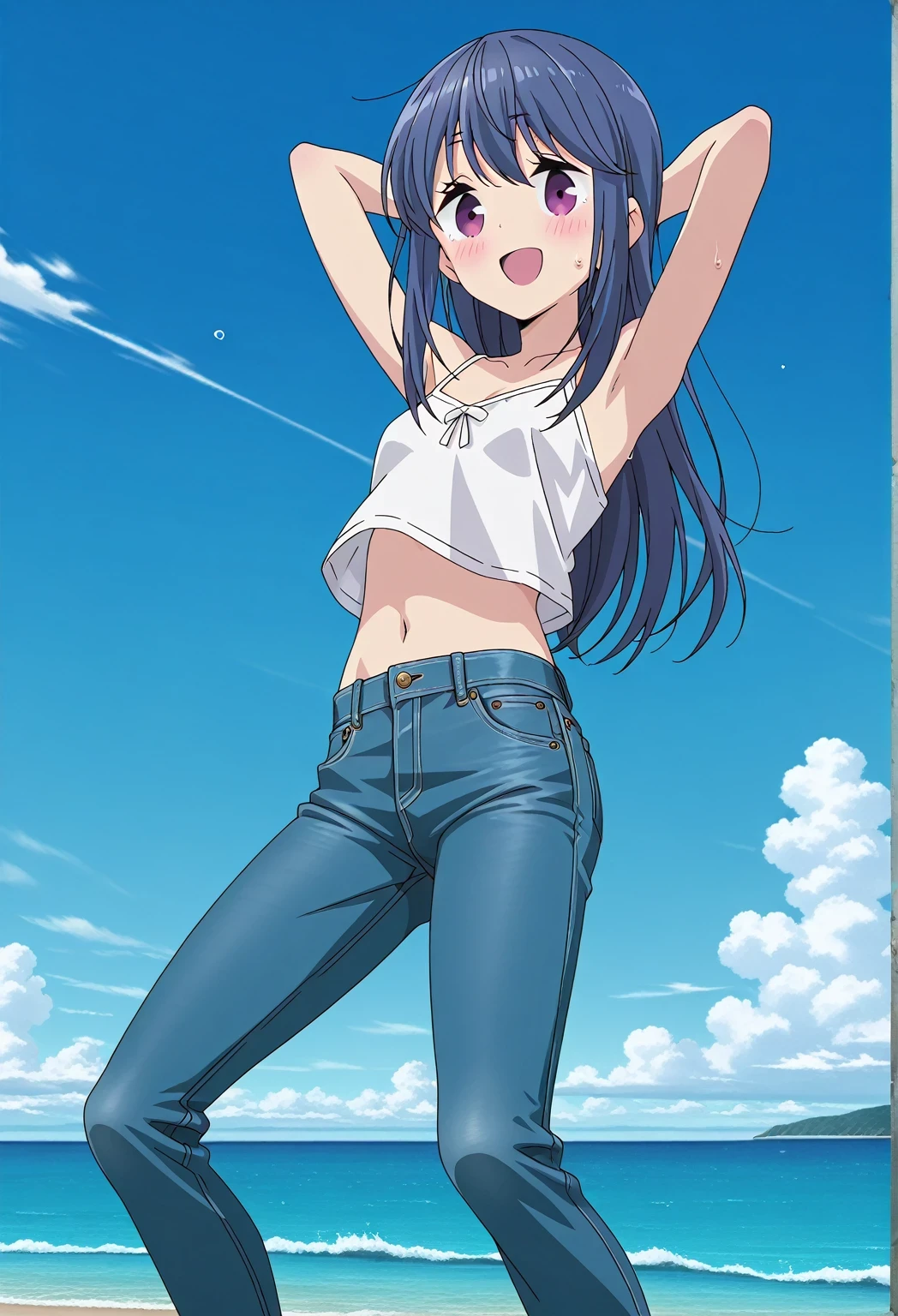 score_9, score_8_up, score_7_up, source_anime, highres, hi res, ((best quality, top quality, perfect quality, Highest Quality, amazing quality)), {{masterpiece}}, {{an extremely delicate and beautiful}}, 2d, intricate details, official style, anime, 8k, anime style, official_anime, official art, digital painting, cell shading, soft shading, high resolution, soothing tones, Subdued Color, Soft cinematic light, adobe lightroom, photolab, HDR, intricately and hyper-detailed, ((high quality animation)), 1 girl, Alone, solo, ((ocean)), tsunami, on the water, day, sunny, outdoors, sky, windy, rin shima, Yurucamp, blue hair, purple eyes, long hair, sidelocks, anime screencap, small breasts, white camisole top, crop top, white crop top, best quality, hyper-detailed jeans, ((blue jeans:1.9)), (dark blue jeans:0.6), full medium body, medium shot, small mouth, Open mouth, smiling, happy face, blush, sweat, standing, ((arms behind head:6.0)), bowlegged, jumping pose, action, looking at viewer, spread legs, Bend knees slightly, straight-on front view
