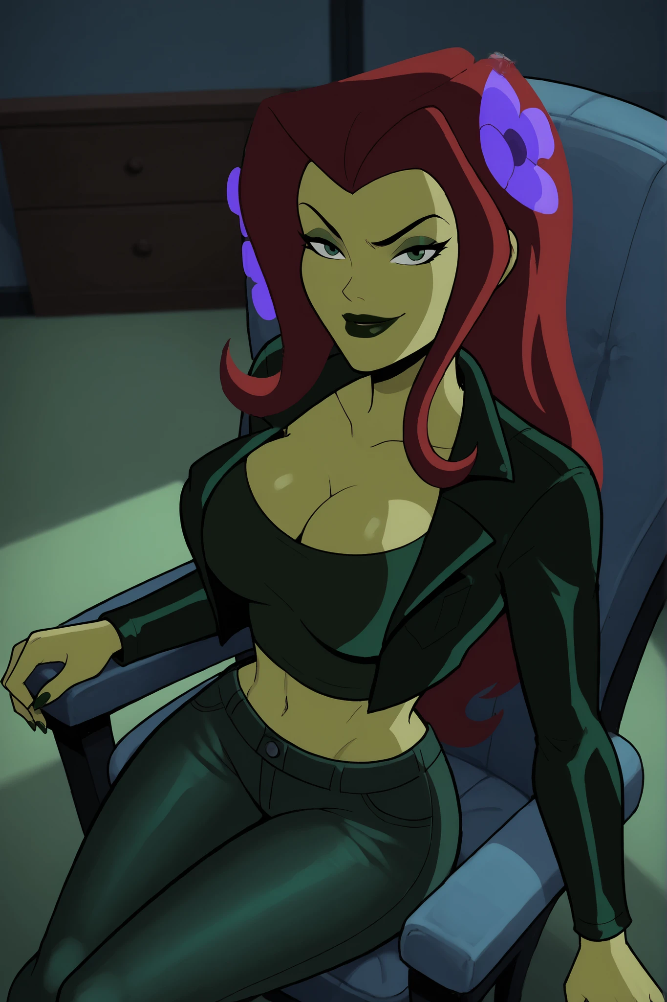 2d, score_9, score_8_up, score_7_up, score_6_up, flower, BREAK, 1girl, solo, standing, red hair, PIVYbatb, green skin, cleavage, curvy, athletic, makeup, smile, closed mouth, , long hair, black lips, hair ornament, expression, bedroom eyes, looking at viewer, seducing viewer, teasing viewer, busty, long sleeves, dark green leather jacket, dark green crop top, dark green jeans, indoors, bedroom, sitting in chair, high-angle view, dark green eyeshadow, closeup, portrait, upper body