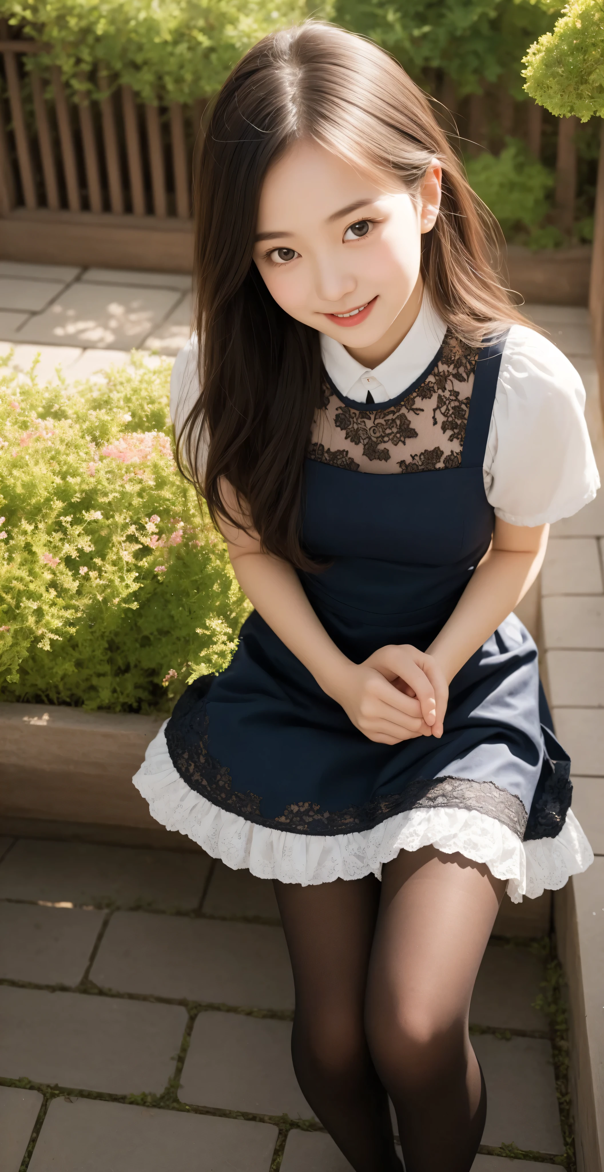 (1 cute girl)、maids,Look at the audience,(skinny:0.96),(younger:0.97),from above,に付けたblack lace stockings,lean forward,(big boobs:0.24),japanese,(smile Yang:0.49),black lace stockings