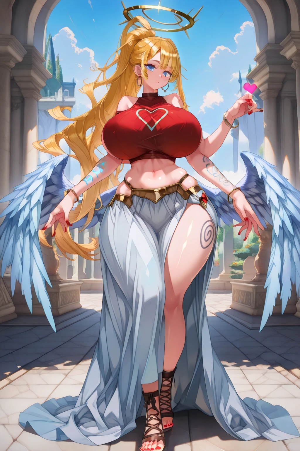 (masterpiece, highest quality:1.2), Ultra-high resolution), RAW Photos, Professional Lighting, Cinema Lighting, (1 girl), Leona, Dragon Quest:dai no daibouken, (blonde, Long Hair, Brown eyes, hair ornaments, bangs), ((brass Circlet, choker, Earrings, extremely wedgie & high cut, white & pink mixed leotard:1.25, realistic & detailed angel wings on back:1.25, Golden collar, golden bracelet)), earrings, (((ultra large natural ???????, Super huge ????, Super huge boob, Super huge cleavages))), (ultra realistic & detailed interior of medieval wooden motel in the village, bed, dark atmosphere, night, moon view via window, candle), (Ultra Slim Waist, Ultra slim model body style), Highly detailed face, Highly detailed eyes, standing, full body shot, 