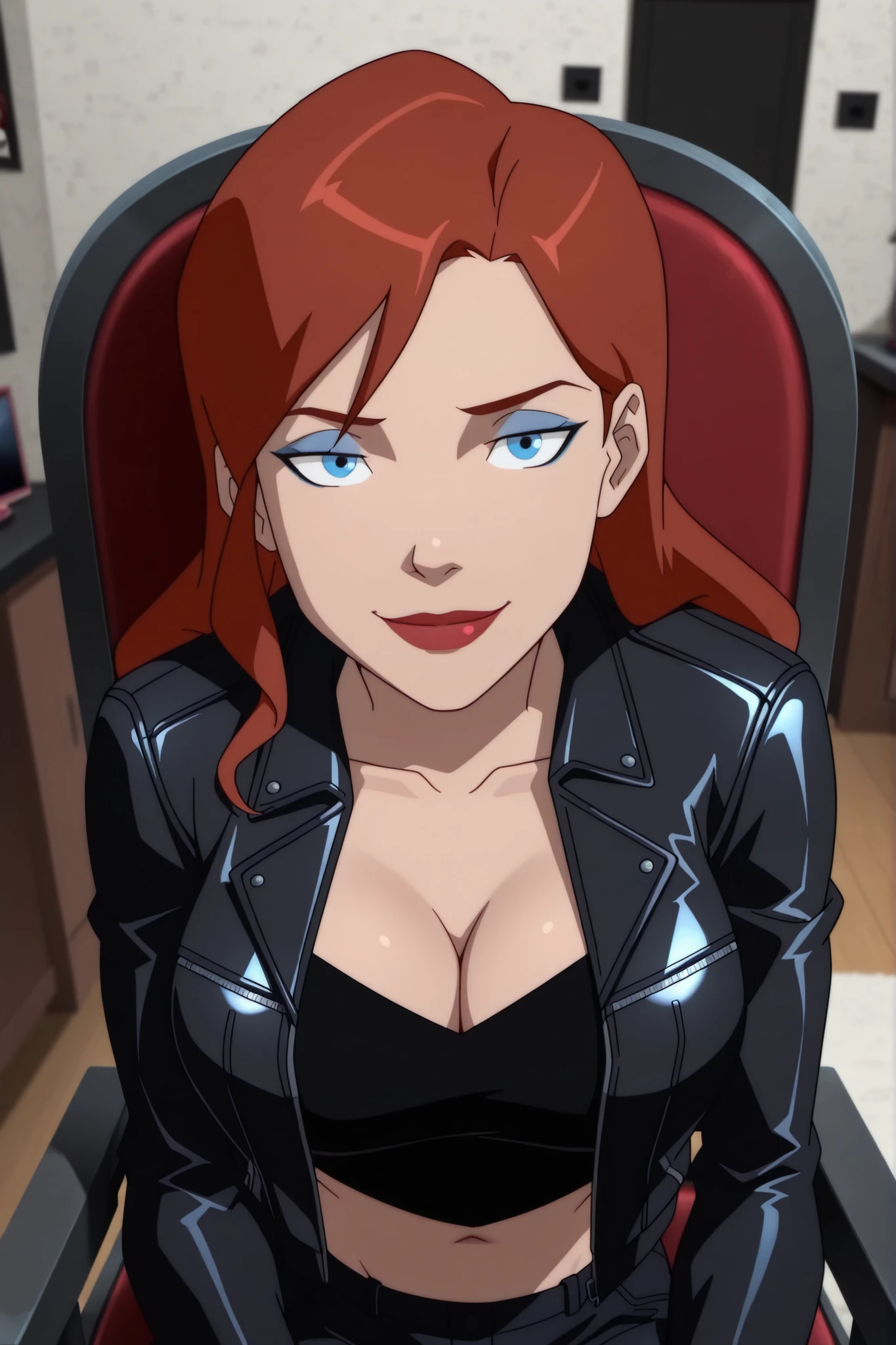 BREAK, score_6_up, score_7_up, score_8_up, score_9, 1girl, solo, b4rb4r4-b4t, blue eyes, long hair, red hair, brown hair, lipstick, makeup, large breasts, busty, cleavage, curvy, athletic, looking at viewer, seducing viewer, teasing viewer, seductive expression, smiling, closed mouth, bedroom eyes, long sleeves, black leather jacket, black crop top, black jeans, indoors, bedroom, sitting in chair, closeup, portrait, upper body, high-angle view, blue eyeshadow