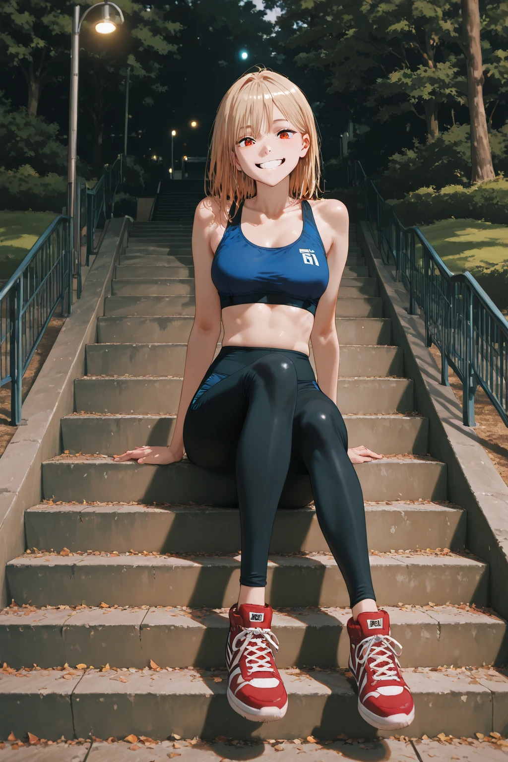 Armpit、Belly button、front、upright、Red sports 、 high leg、 Sweaty 、 concrete wall