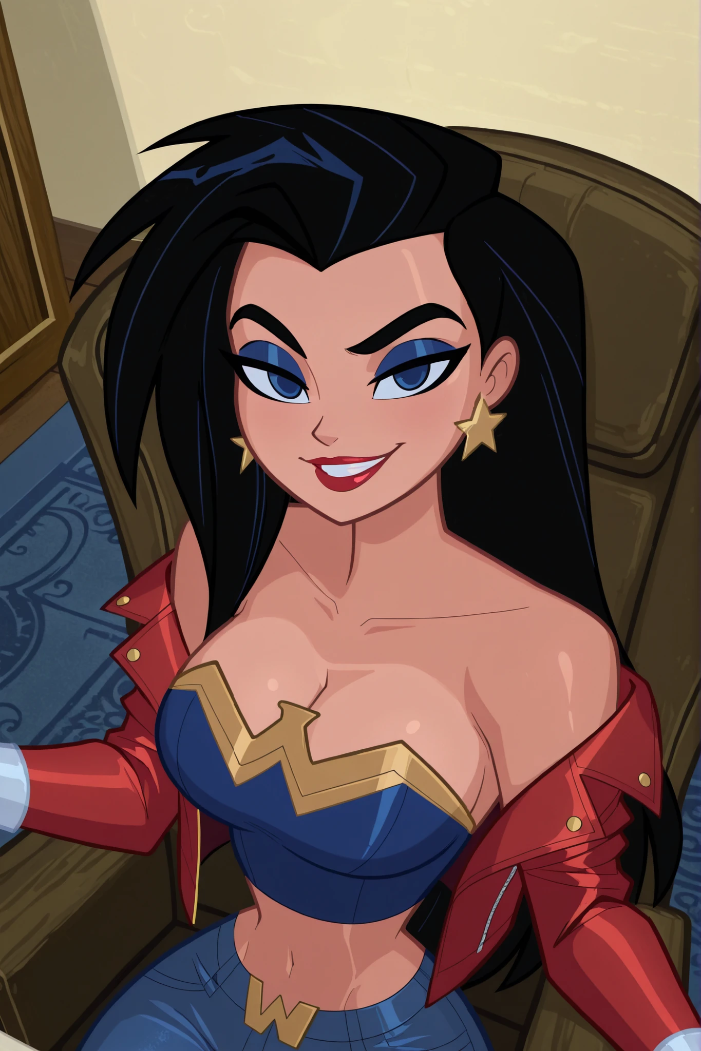 BREAK, score_6_up, score_9, score_8_up, score_7_up, ultra quality, solo, 1girl, wonderwomanjla, long hair, black hair, bare shoulders, jewelry, earrings, busty, long sleeves, red leather jacket, blue crop top, blue jeans, makeup, lipstick, star earrings, looking at viewer, seducing viewer, teasing viewer, smiling, seductive expression, bedroom eyes, athletic, large breasts, cleavage, curvy, narrow waist, upper body, portrait, screencap, indoors, bedroom, sitting in chair, high-angle view, closeup, midriff, blue eyeshadow 