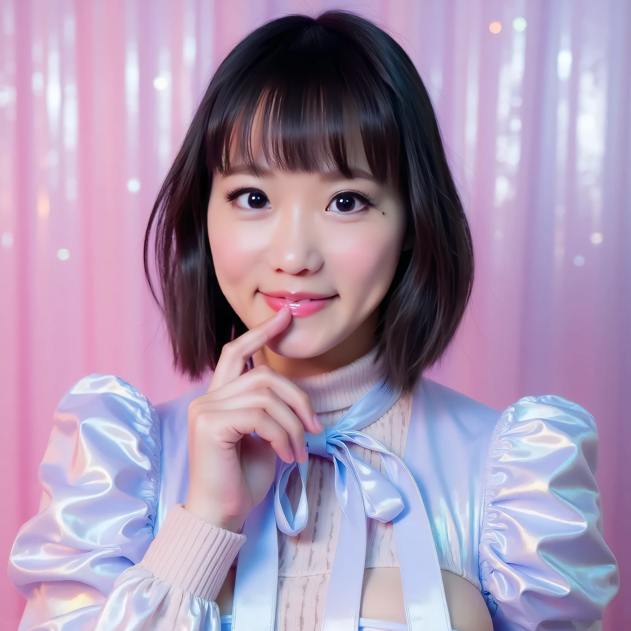 Ultra-realistic studio portrait, medium plane closed, waist up (waist-up), adult woman 25+, short bob hair with fringe, ties clips in pastel shades (pink, lilac, blue). Sweet expression, looking at the camera, index finger lightly touching the lower lip. Holographic/iridescent clothing with buffant sleeves and large ties, bright pearled vinyl; sharp neckline but without nudity. Pink lilac iridescent mosaic background with sparkling bokeh. Beauty lighting: soft beauty-dish like key, diffuse fill and subtle light kidney highlighting reflections in the fabric. Realistic skin with fine pores, delicate makeup, pinkish gloss lips, eyes with catchlights. Centered composition, visible shoulders and waist, shallow depth of field; 85mm f/2 lens, sharp eye focus; 8k, candy colors, detailed holographic texture.