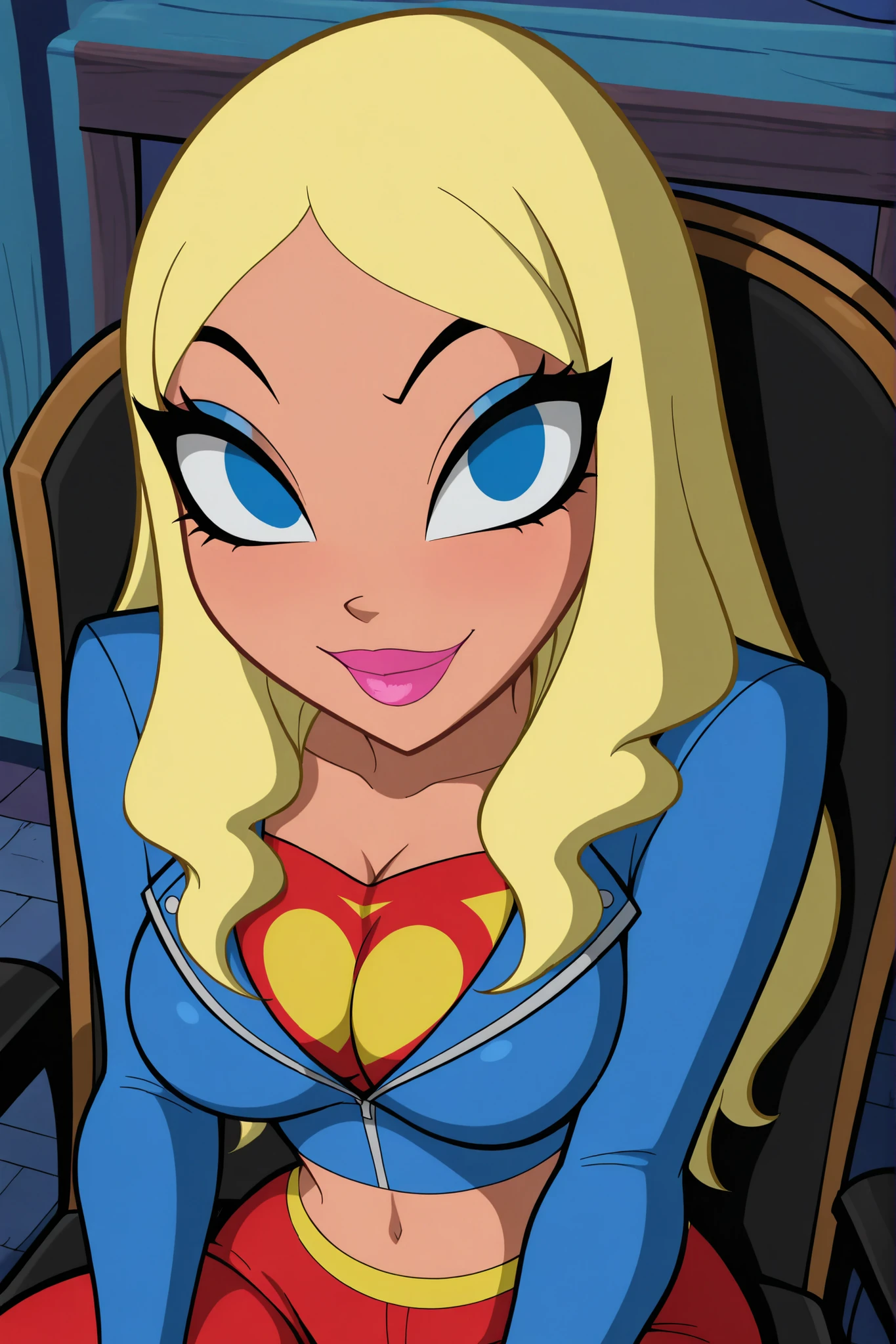 BREAK, score_6_up, score_7_up, score_8_up, score_9, masterpiece, best quality, amazing quality, SGJLA, 1girl, solo, blonde hair, blue eyes, pink lipstick, long hair, makeup, large breasts, busty, cleavage, curvy, athletic, looking at viewer, seducing viewer, teasing viewer, seductive expression, smiling, closed mouth, bedroom eyes, long sleeves, blue leather jacket, blue crop top, red jeans, indoors, bedroom, sitting in chair, closeup, portrait, upper body, high-angle view, blue eyeshadow