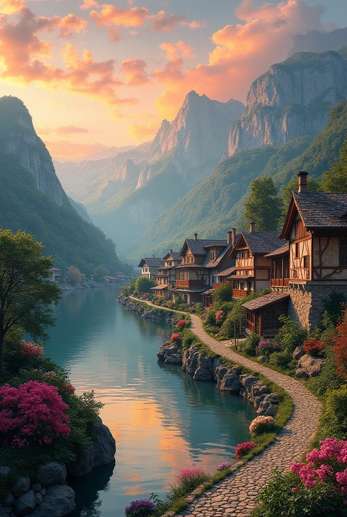 a small village by the river, mountains in the background, floral flowers colorful, detailed landscape, Beautiful natural landscapes, atmospheric lighting, scorching sunset, warm colours, practical, photopractical, Detailed Foliage, complex buildings, cobblestone street, Charming country house, swirly vibrant colors, lush vegetation, Still water reflections, Picturesque, idyllic, work of art, best qualityer, 8k, extremely detaild,anime styling