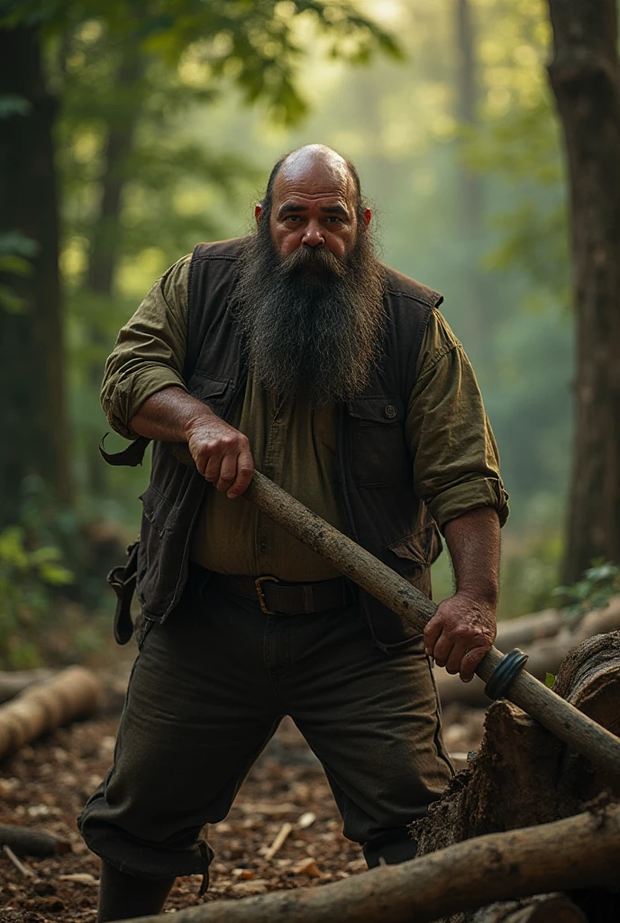 drawning, naughty man, Selling dark green poncho, plaid pants, Big ax in hands, full beard, 