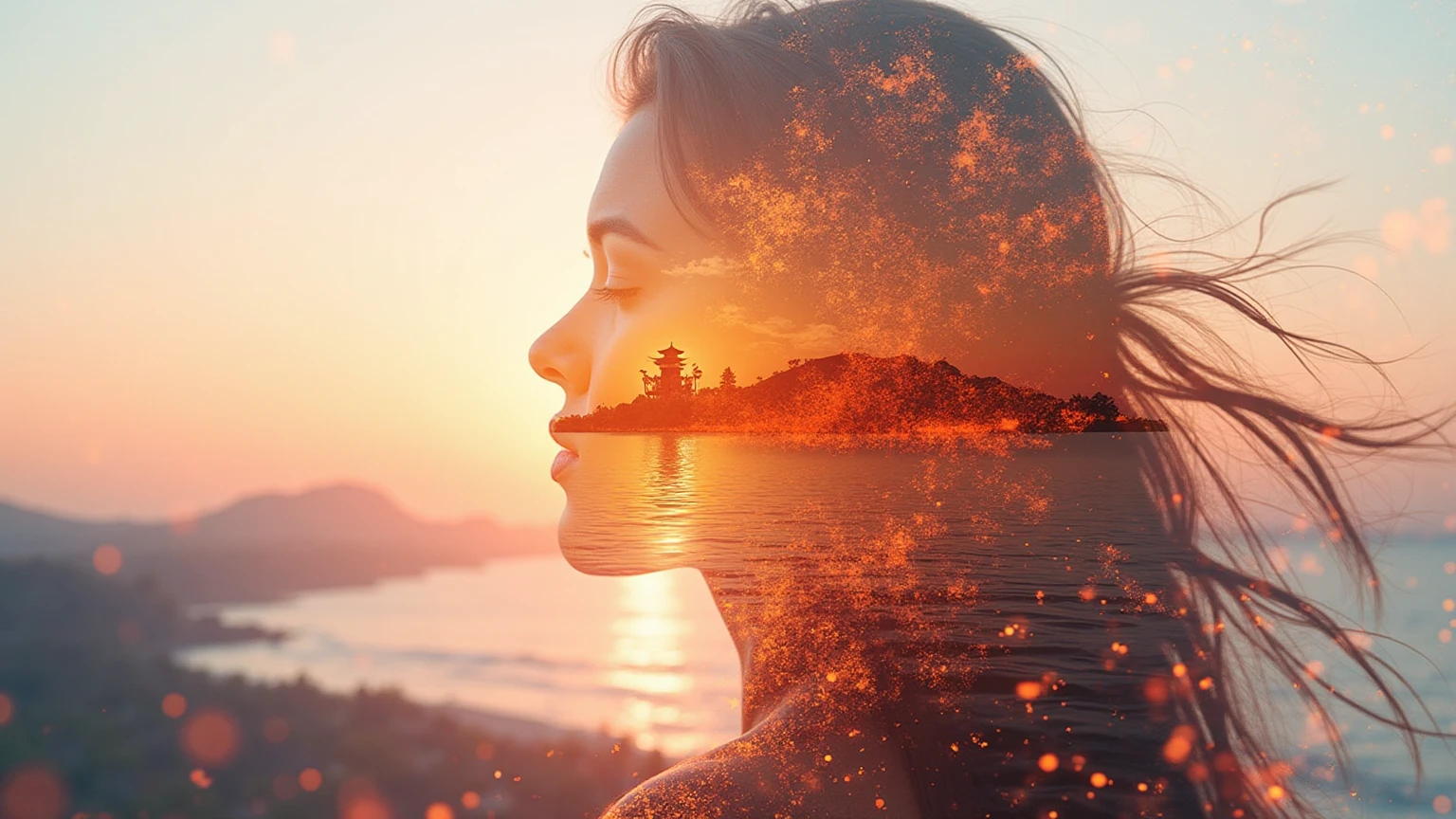 high quality, 8K Ultra HD, A beautiful double exposure that combines an goddess silhouette with sunset coast, sunset coast should serve as the underlying backdrop, with its details incorporated into the goddess , crisp lines, The background is monochrome, sharp focus, double exposure, by yukisakura, awesome full color,

pimple on the forehead