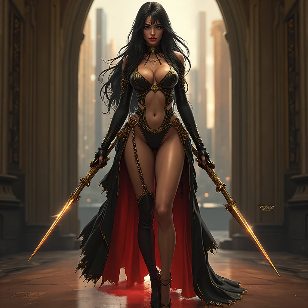 ((Simon Bisley)), Beautiful full-body woman, 30 years old, muscular and perfect body, ((back)), medieval warrior with little clothing, tiny ?????, golden metal bra, arm covered by a metallic armor, ?????????????, generous neckline, holding a blood-stained sword, brave face, dark kingdom, ???? pose, walking in a forest