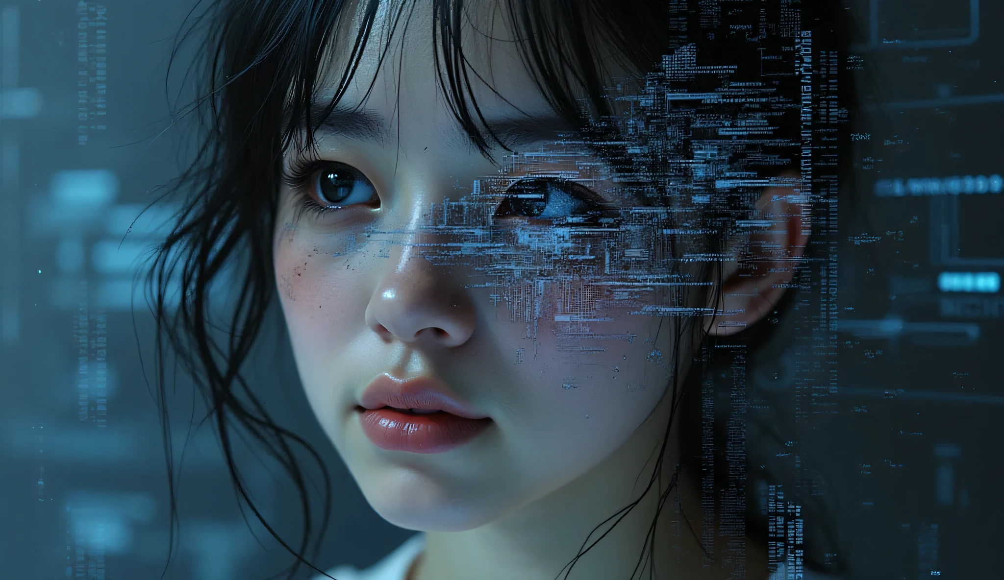 A beautiful innocent female portrait transforming into digital horror, face half-normal half-glitched with pixelated fragments peeling away revealing circuitry underneath, corrupted data aesthetic, Rosa Menkman glitch art style, distorted RGB channels, broken scanlines cutting across eyes, binary code overlays, unsettling digital decay, dark technological background with error messages, eerie blue glow, ultra-detailed, 8K resolution, hyperrealistic mixed with digital abstraction