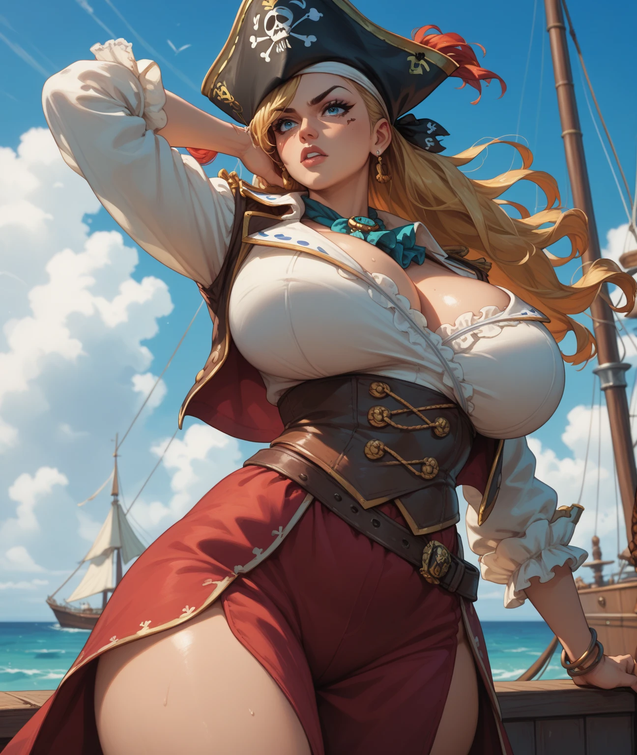 ((Seductive Anime Girl, solo:1.3))、((sitting on the Luxurious treasure ?????:1.3))、((Cross legs))、((Luxurious treasure ?????))、((pirate:1.3))、((pirate jacket:1.1))、((perfect proportion))、((Being in on the pirate ship:1.5))、((Glossy realistic skin texture))、((Meticulously drawn eye:1.2))、((dynamism:1.3))、((dynamic angle:1.2))、((micro ??????:1.3 crop top:1.3))、((highleg:1.3))、((????????????:1.4))、((????????:1.3))、((thick thighs))、((cleavage:1.3))、curvy、((collarbone))、((????????:1.2))、ultra-detailliert, Top image quality, digitial illustration, Meticulously drawn hair, Sharp Focus、Smooth texture、seductive smile、glistening teeth