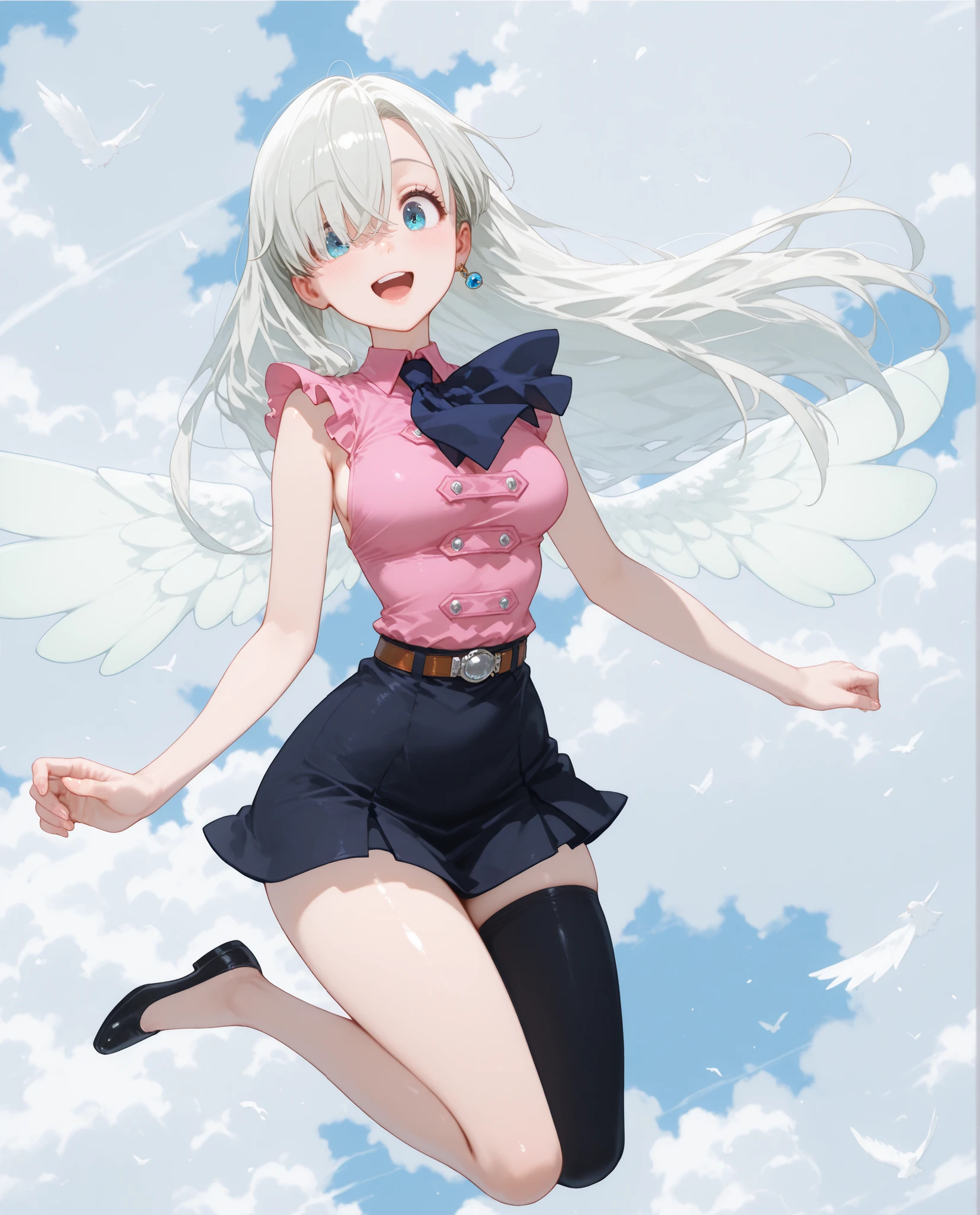 Elizabeth liones,Volumetric Lighting:1.3,masterpiece,soft iris grow:1.4,Before the Sky:1.2,(detail hands:1.6),((side boob:1.2)),eyes Reflection:1.6,looking down:1.3,full shot,slender,片目を隠す髪:1.3,hide one eye with hair:1.6,White silver hair,long hair,Blue Eyes:1.3,pink blouse that won't chest,sleeveless, navy blue ribbon tie,(silver buckle付きネイビーブルータイトミニスカート),Brown Belts,beautiful breasts,silver buckle:1.5,beautiful blue sky,E cup,Cafe,(detailed eyes:1.3),Tiny Head:1.3,open mouth smile,beautiful woman taking off plastic,tight skirt,紺 nee sox one legs:1.4,Tiny Head,((Beautiful Lips:1)),Single Ear Blue Sphere Jewelry Earrings with Silver Buckles,:1.2,open eyes,blue sky background,(wings:1.3),Shining wings:1.5