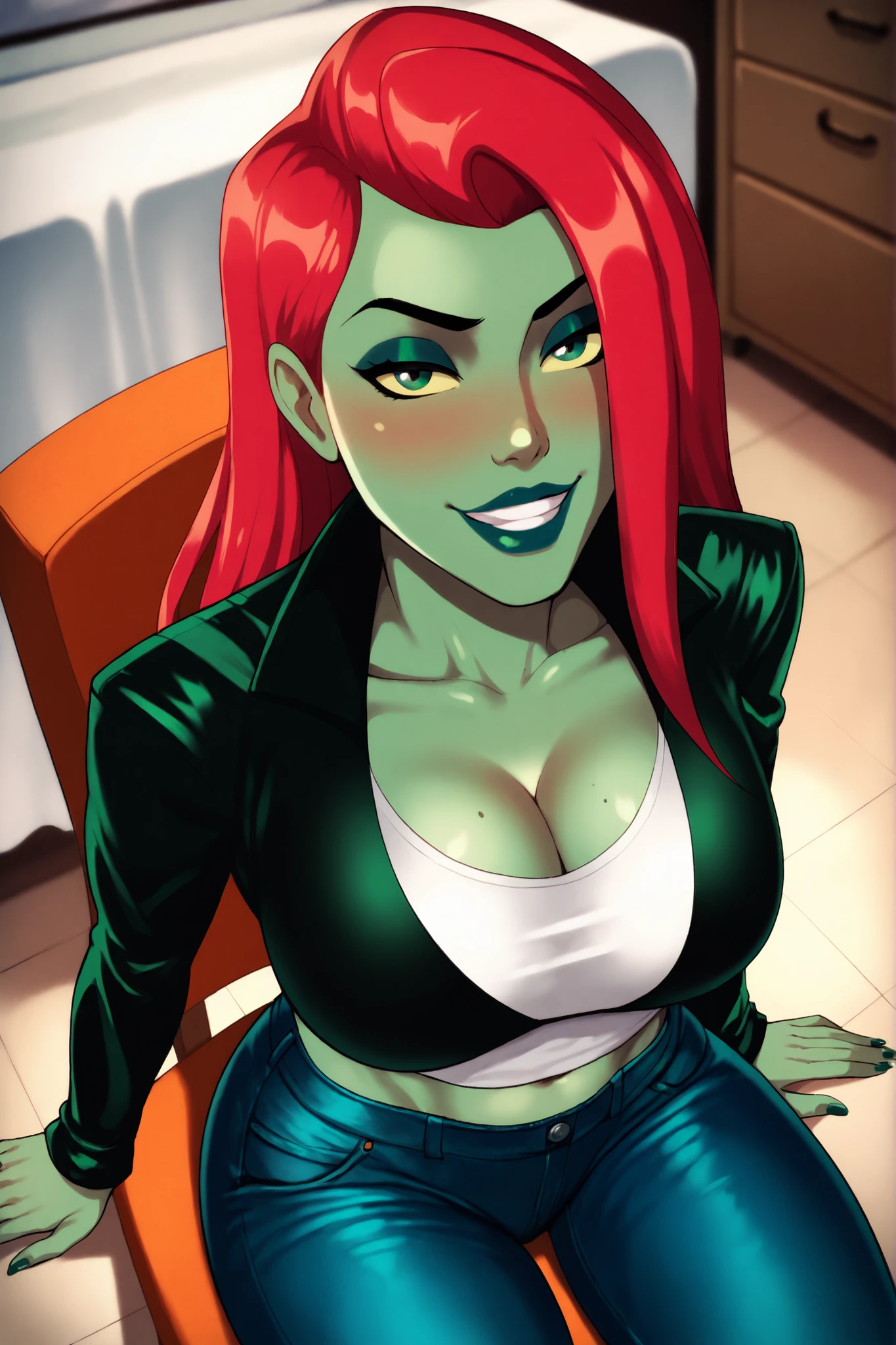 PoisonIvyCartoon, BREAK, score_8_up, score_7_up, score_6_up, score_9, 1girl, lipstick, makeup, large breasts, cleavage, green eyes, yellow sclera, green skin, colored skin, long red hair, black lips, curvy, athletic, seductive expression, bedroom eyes, smile, closed mouth, busty, long sleeves, dark green leather jacket, dark green crop top, dark green jeans, indoors, bedroom, looking at viewer, seducing viewer, teasing viewer, sitting in chair, high-angle view, dark green eyeshadow, closeup, portrait, upper body
