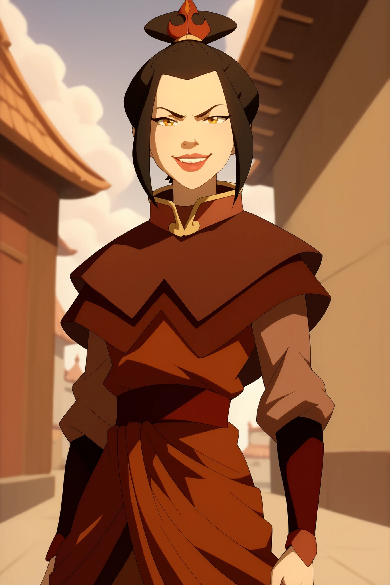 Azula from Avatar would be , golden eyes,with one hand around the waist , smile.