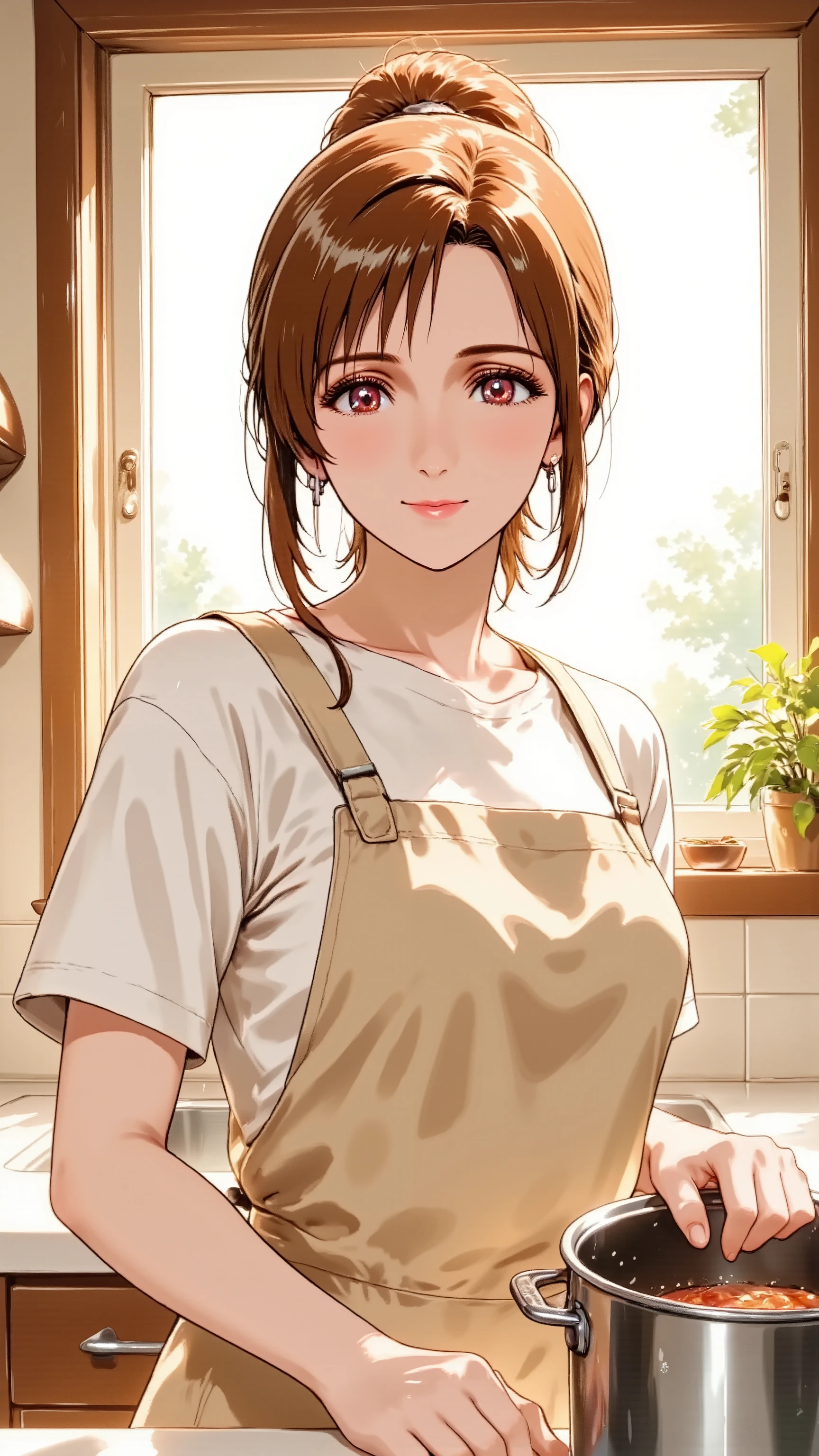 A mature 30s woman, a wife and mother, exuding adult charm, in a comfortable cotton apron. She has natural and correct anatomy, including her hands and feet. She is in a full-body standing pose in a sunlit kitchen, gently stirring a pot, looking towards the camera with a soft, knowing smile. She has tastefully tied-back hair and light, natural makeup with subtle lip tint. Shot from a warm, inviting medium angle.