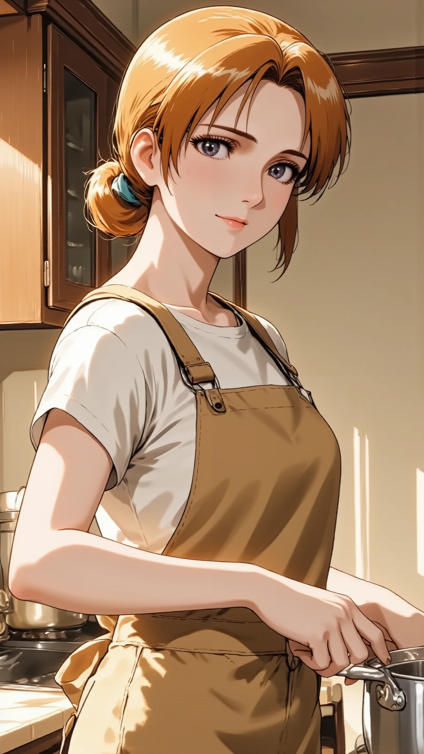A mature 30s woman, a wife and mother, exuding adult charm, in a comfortable cotton apron. She has natural and correct anatomy, including her hands and feet. She is in a full-body standing pose in a sunlit kitchen, gently stirring a pot, looking towards the camera with a soft, knowing smile. She has tastefully tied-back hair and light, natural makeup with subtle lip tint. Shot from a warm, inviting medium angle.